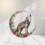 Wolf On Moon Acrylic Window Hanging – Floral Crescent Wolf Decor, Howling Wolf Ornament, Boho Nature Gift for Animal Lovers, Wolf Lover Gift