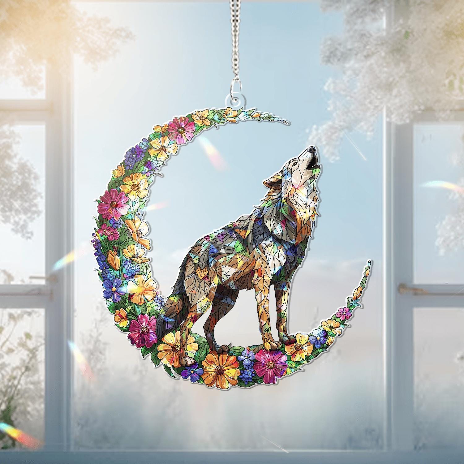 Wolf On Moon Acrylic Window Hanging – Floral Crescent Wolf Decor, Howling Wolf Ornament, Boho Nature Gift for Animal Lovers, Wolf Lover Gift