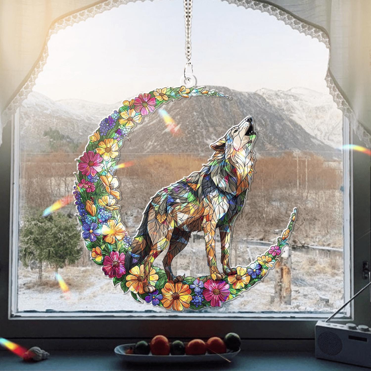 Wolf On Moon Acrylic Window Hanging – Floral Crescent Wolf Decor, Howling Wolf Ornament, Boho Nature Gift for Animal Lovers, Wolf Lover Gift