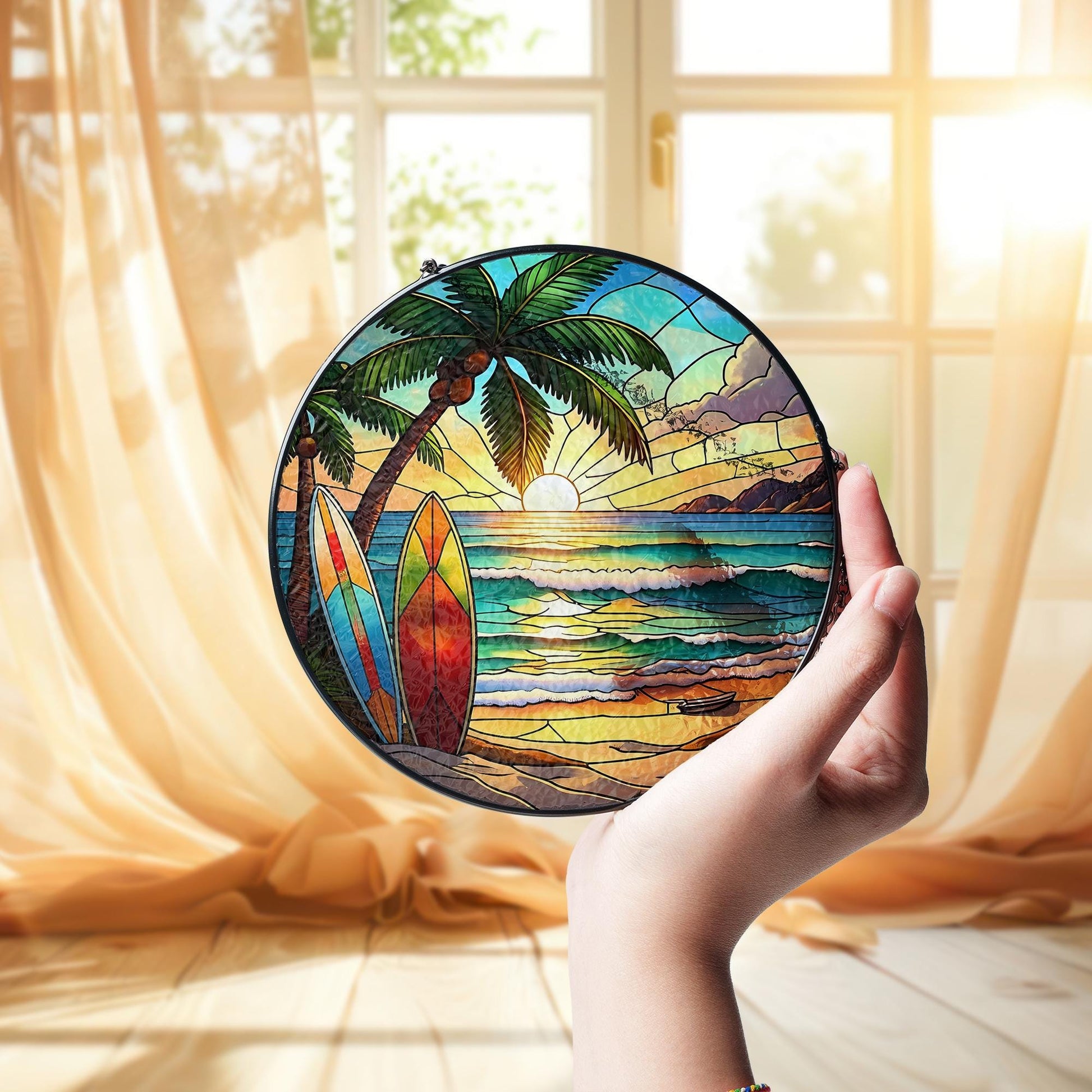 Surfboard Beach Sunset Glass Suncatcher - Summer Coastal Window Decor Gift - Faux Stained Glass Tropical Surf Art for Ocean Lovers