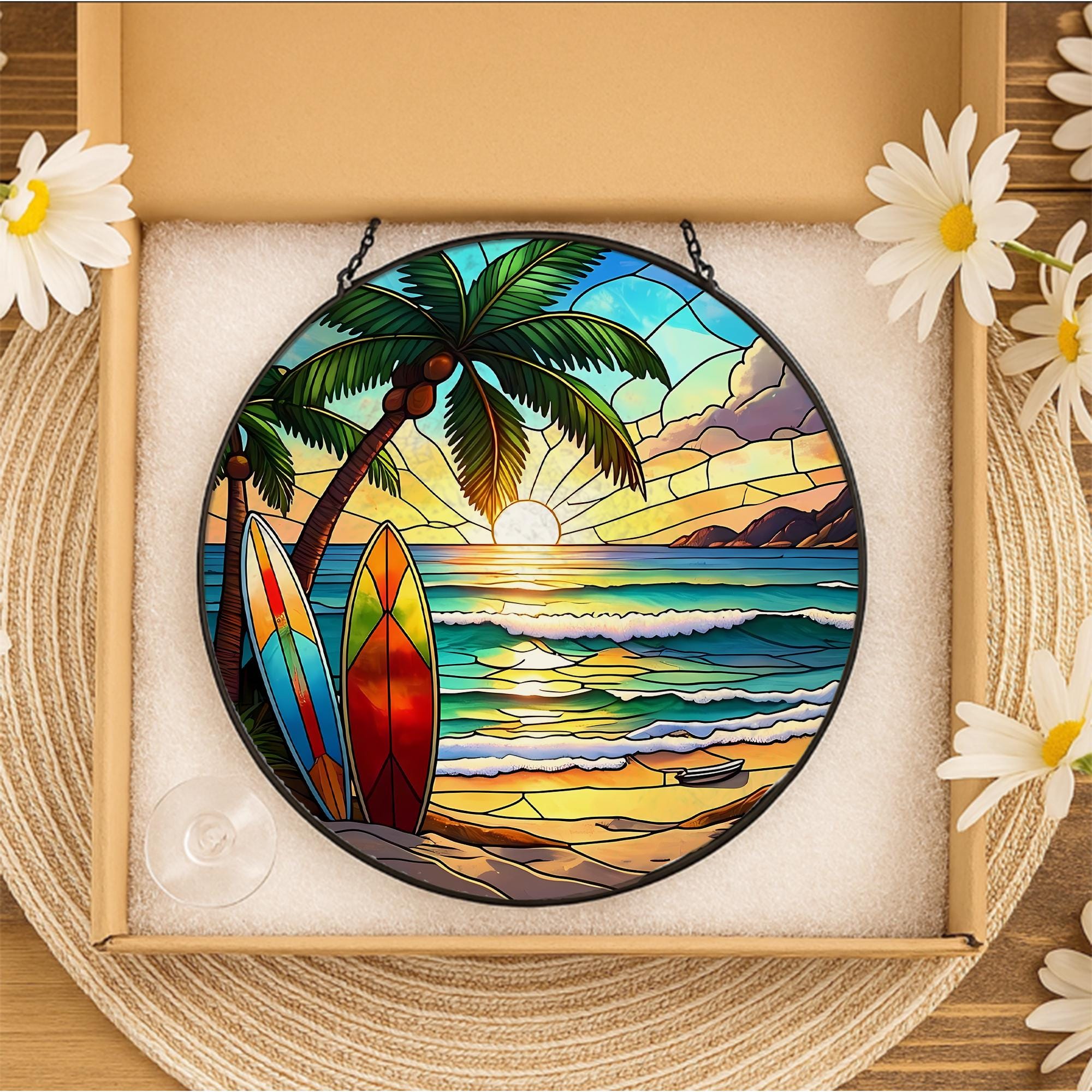 Surfboard Beach Sunset Glass Suncatcher - Summer Coastal Window Decor Gift - Faux Stained Glass Tropical Surf Art for Ocean Lovers