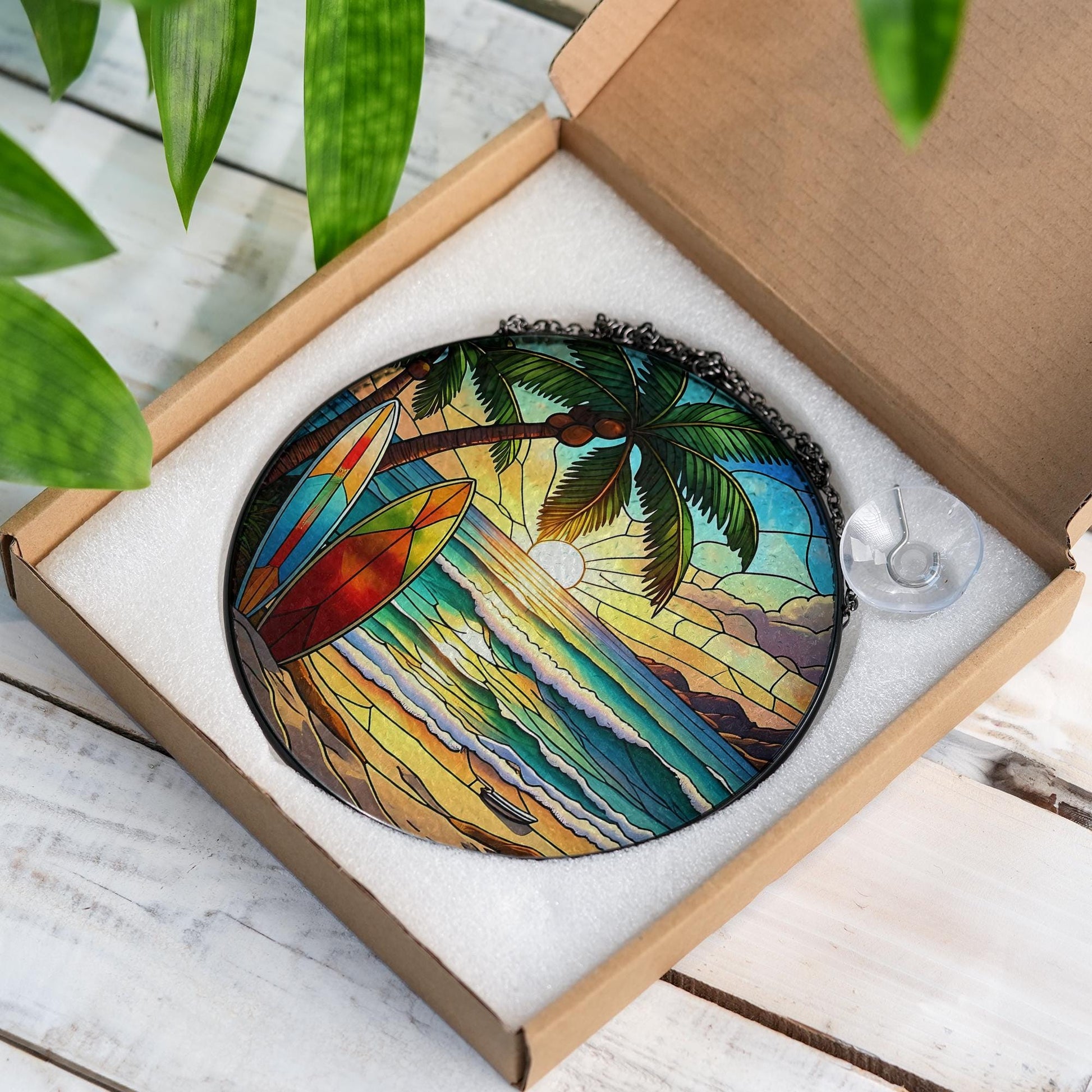 Surfboard Beach Sunset Glass Suncatcher - Summer Coastal Window Decor Gift - Faux Stained Glass Tropical Surf Art for Ocean Lovers