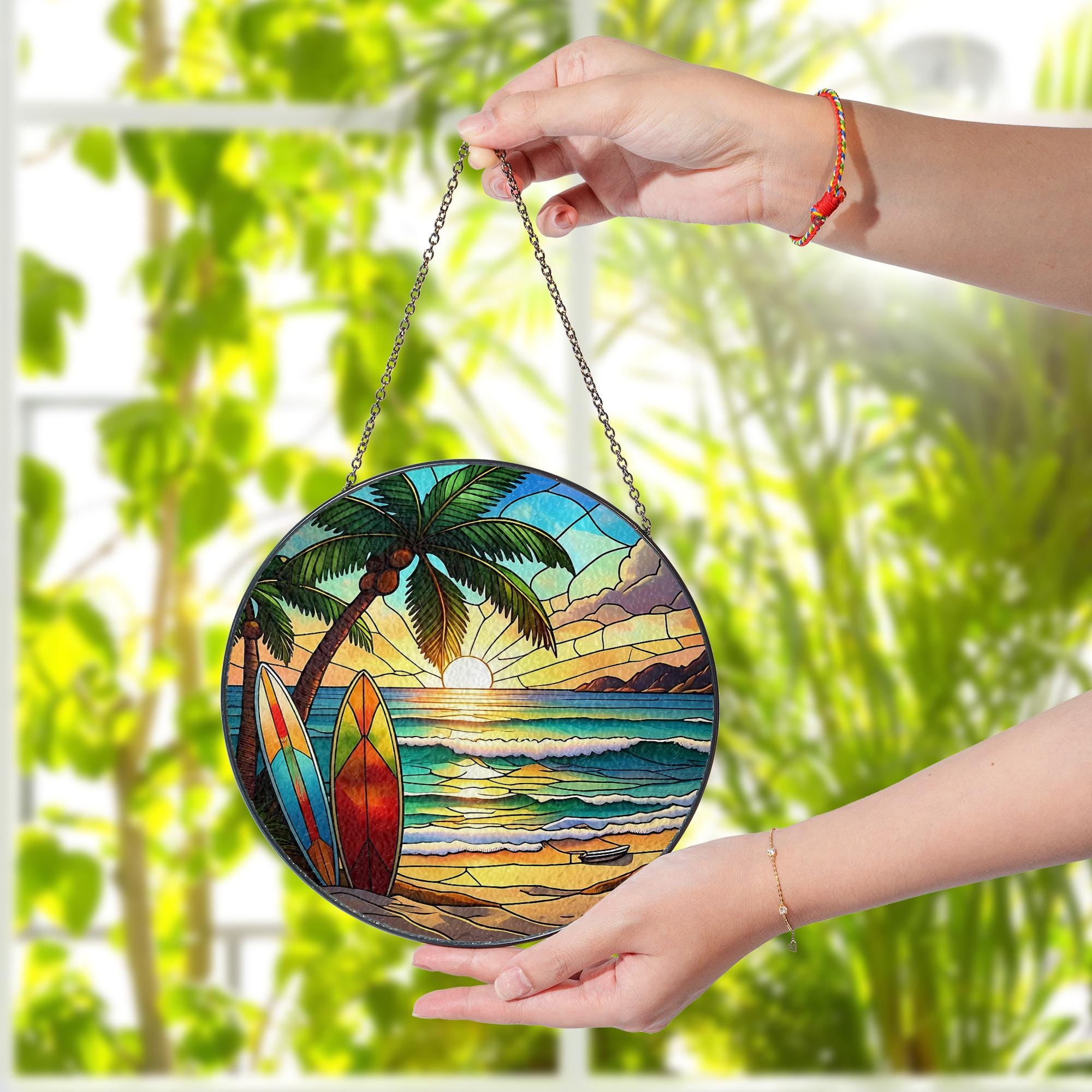 Surfboard Beach Sunset Glass Suncatcher - Summer Coastal Window Decor Gift - Faux Stained Glass Tropical Surf Art for Ocean Lovers