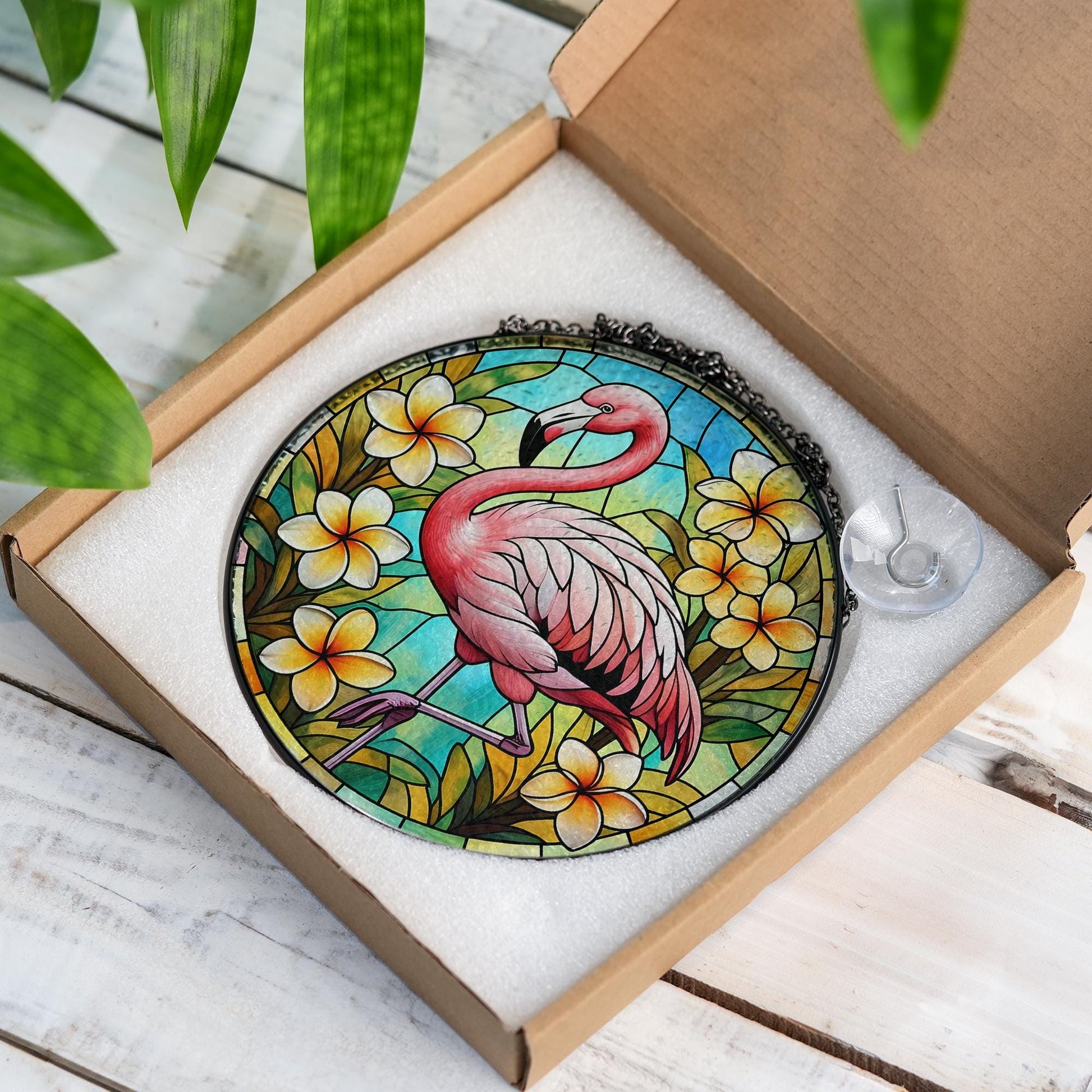 Flamingo Tropical Glass Suncatcher - Faux Stained Glass Summer Window Decor with Plumeria Flowers - Beachy Gift for Flamingo Lovers