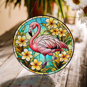 Flamingo Tropical Glass Suncatcher - Faux Stained Glass Summer Window Decor with Plumeria Flowers - Beachy Gift for Flamingo Lovers