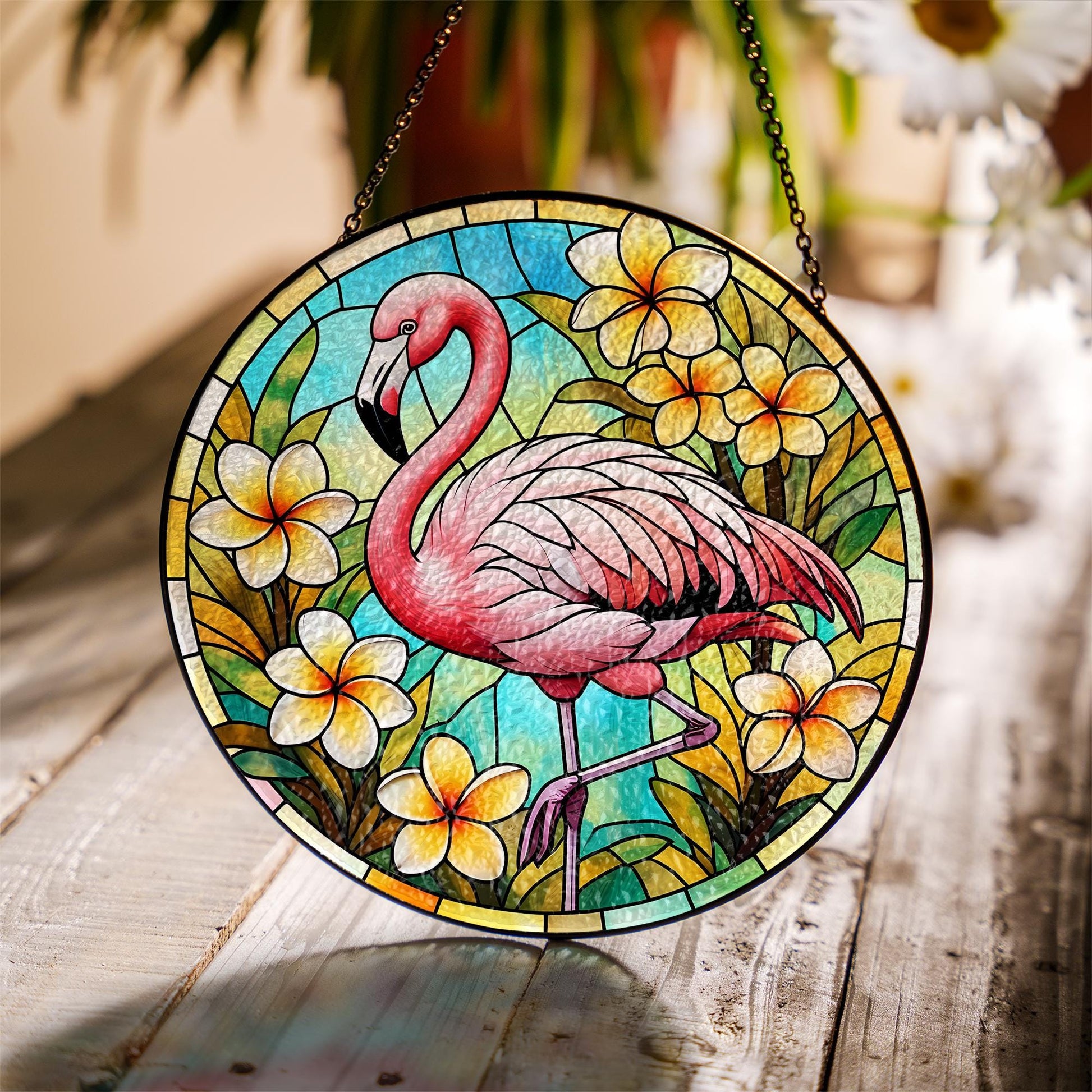 Flamingo Tropical Glass Suncatcher - Faux Stained Glass Summer Window Decor with Plumeria Flowers - Beachy Gift for Flamingo Lovers