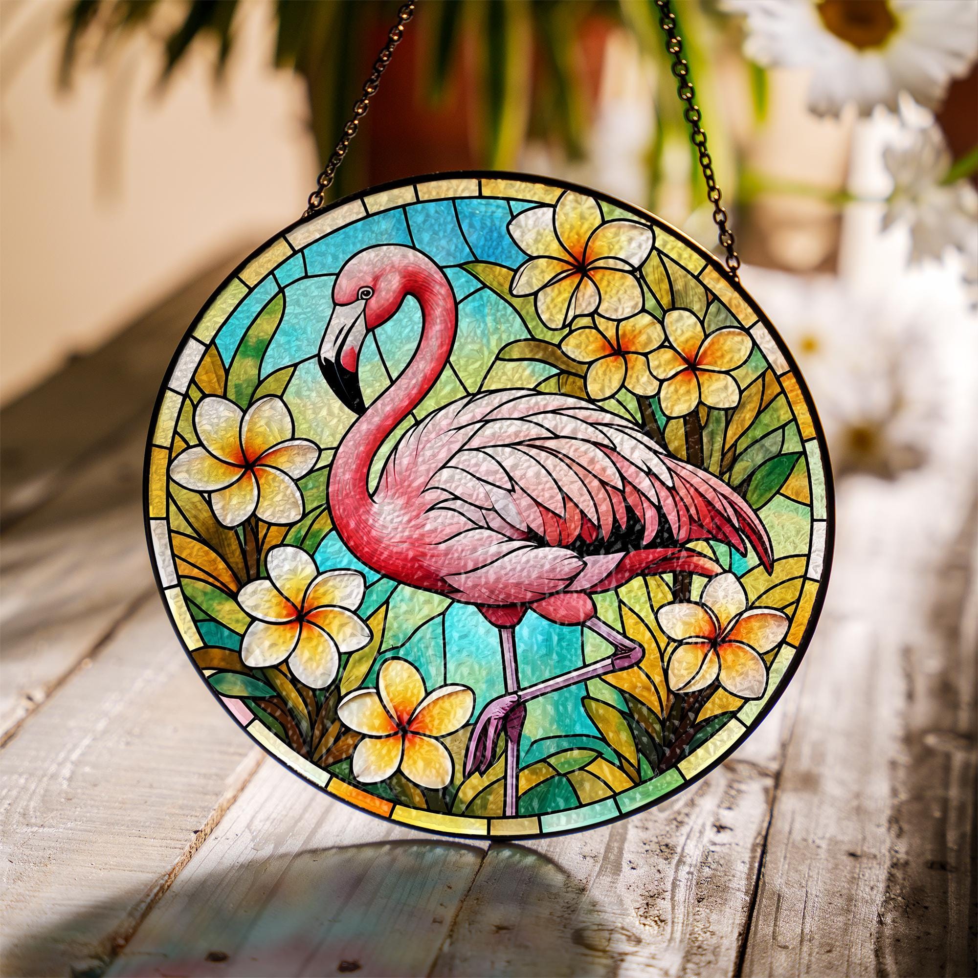 Flamingo Tropical Glass Suncatcher - Faux Stained Glass Summer Window Decor with Plumeria Flowers - Beachy Gift for Flamingo Lovers