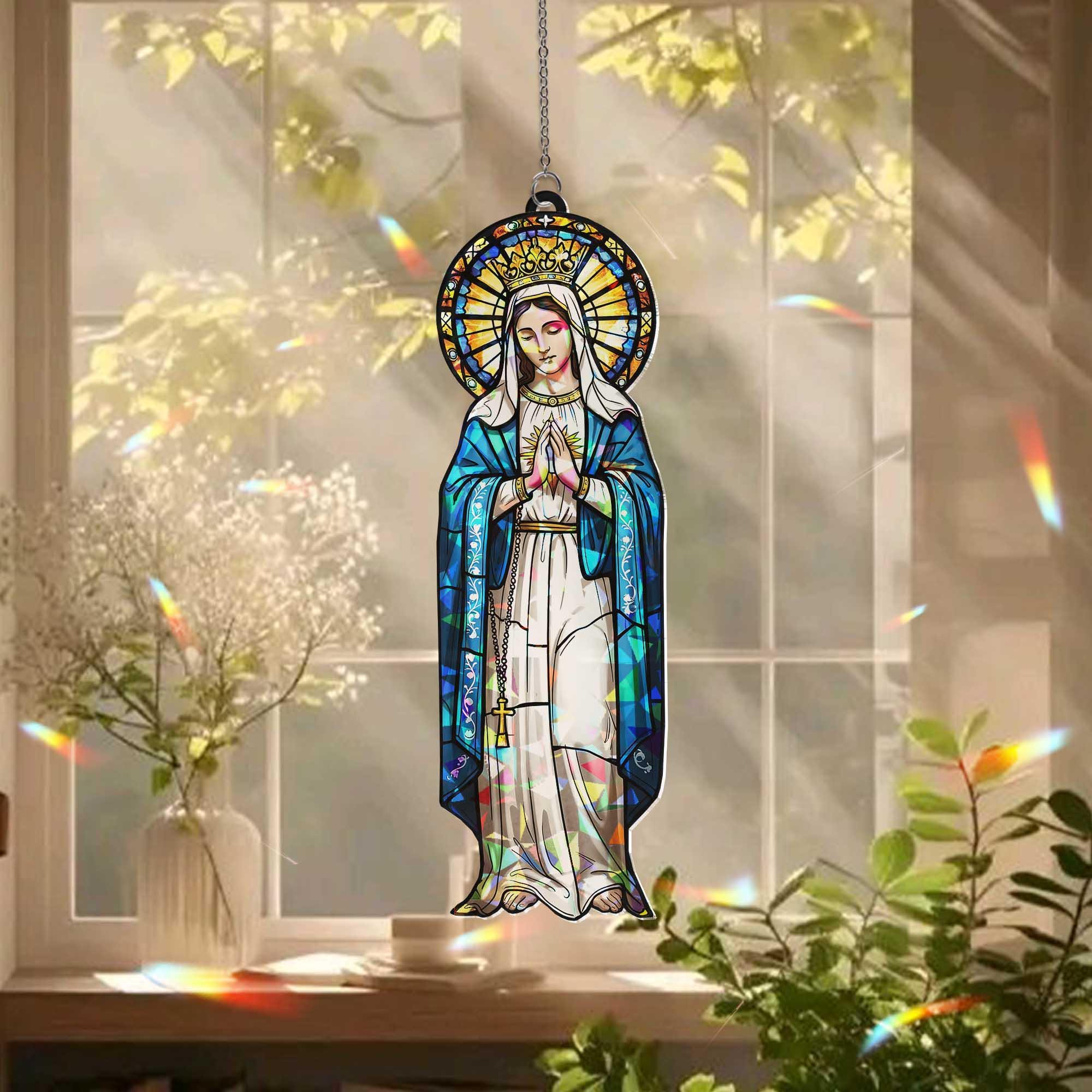 Virgin Mary Window Hanging, Catholic Sun Catcher Ornament, Holographic Religious Decor, Christian Gift for Home