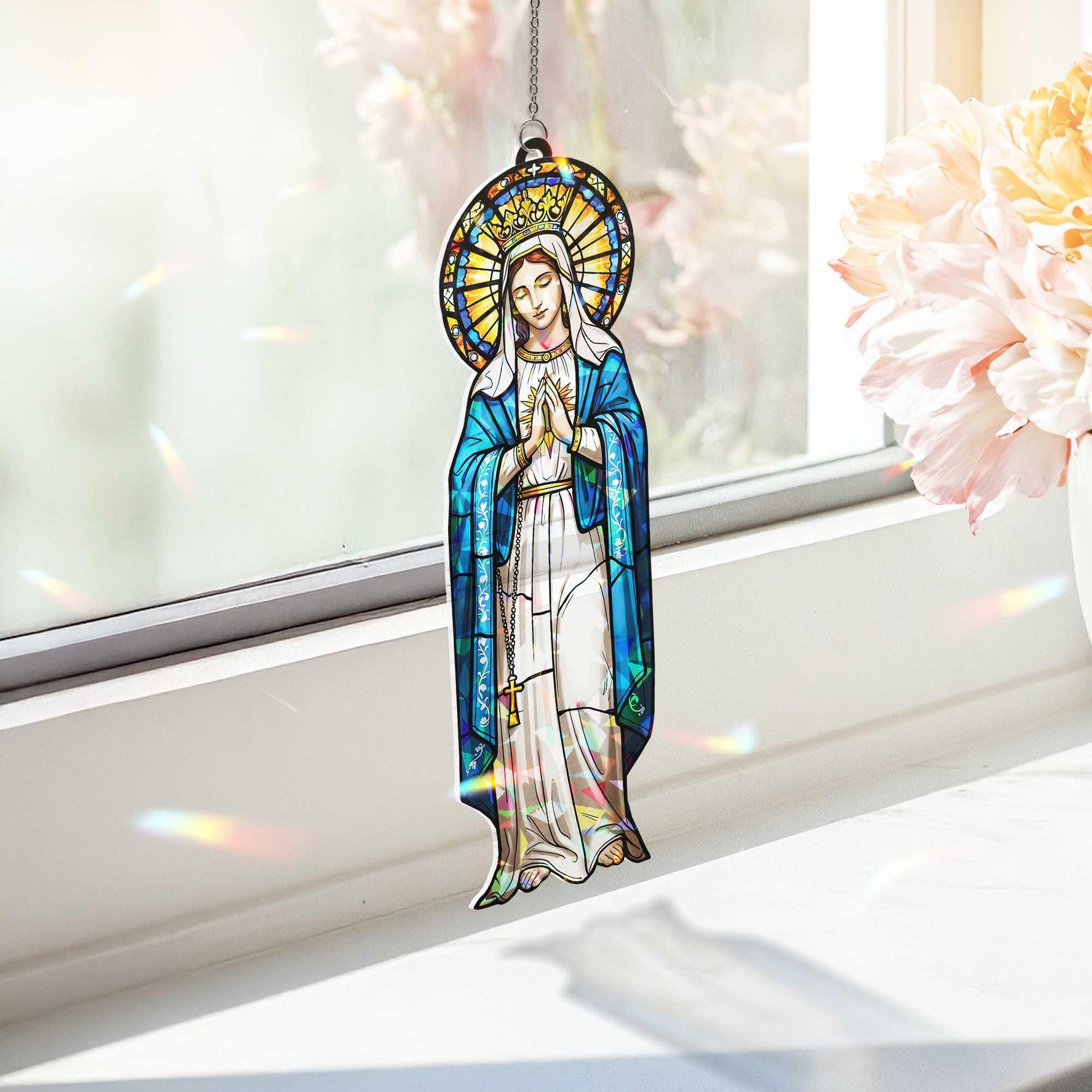 Virgin Mary Window Hanging, Catholic Sun Catcher Ornament, Holographic Religious Decor, Christian Gift for Home