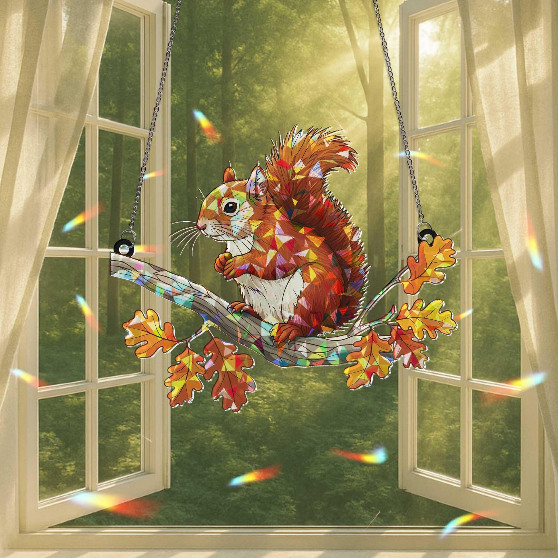 Squirrel Autumn Leaf  Hologram Window Hanging, Autumn Holographic Suncatcher, Woodland Animal Decor, Cute Forest Gift