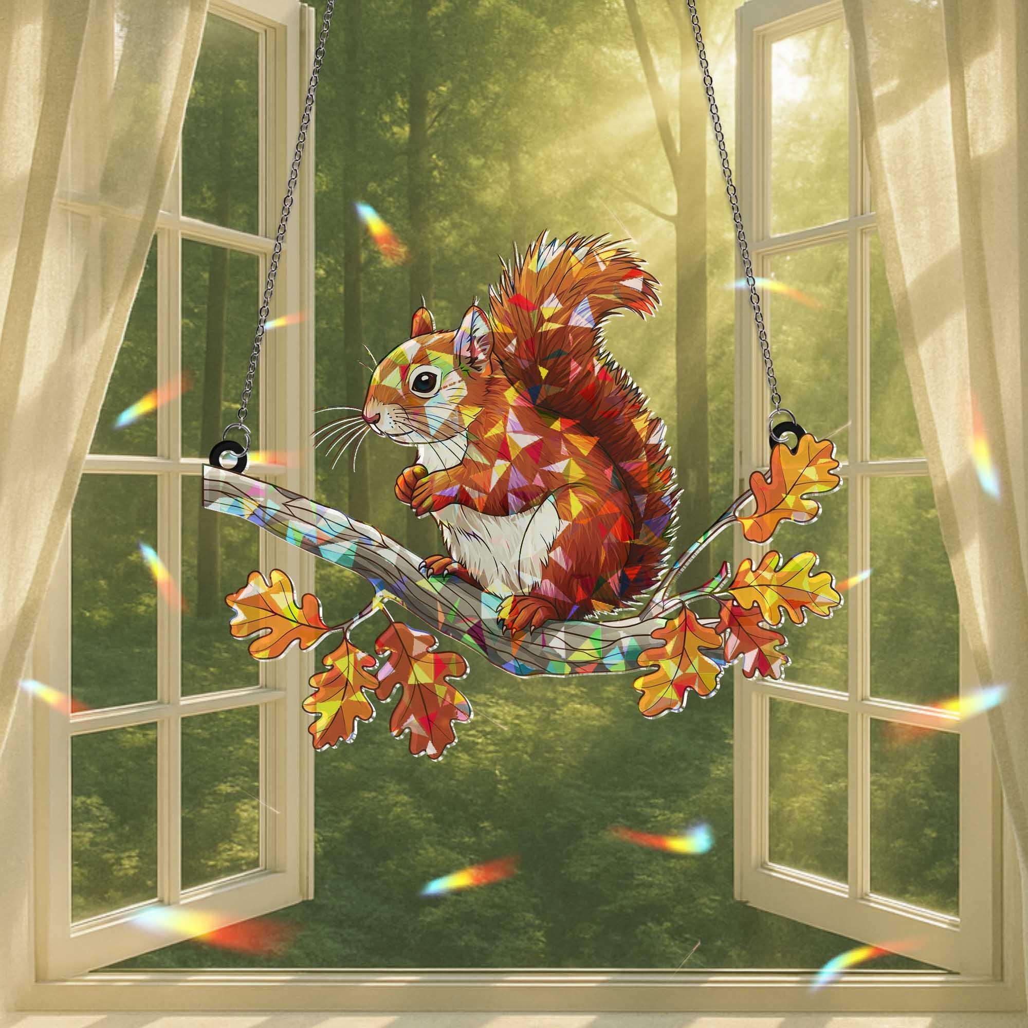 Squirrel Autumn Leaf  Hologram Window Hanging, Autumn Holographic Suncatcher, Woodland Animal Decor, Cute Forest Gift