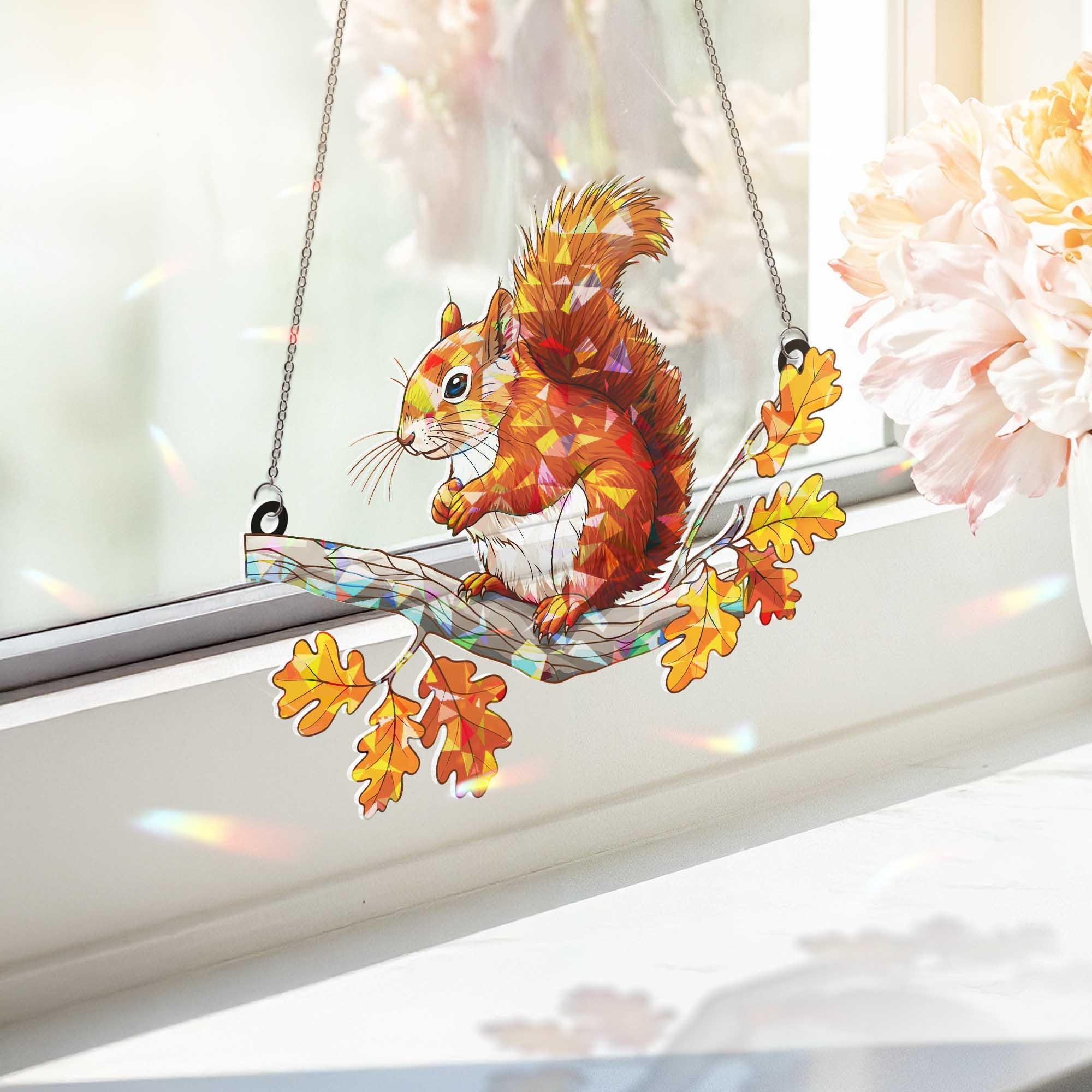 Squirrel Autumn Leaf  Hologram Window Hanging, Autumn Holographic Suncatcher, Woodland Animal Decor, Cute Forest Gift