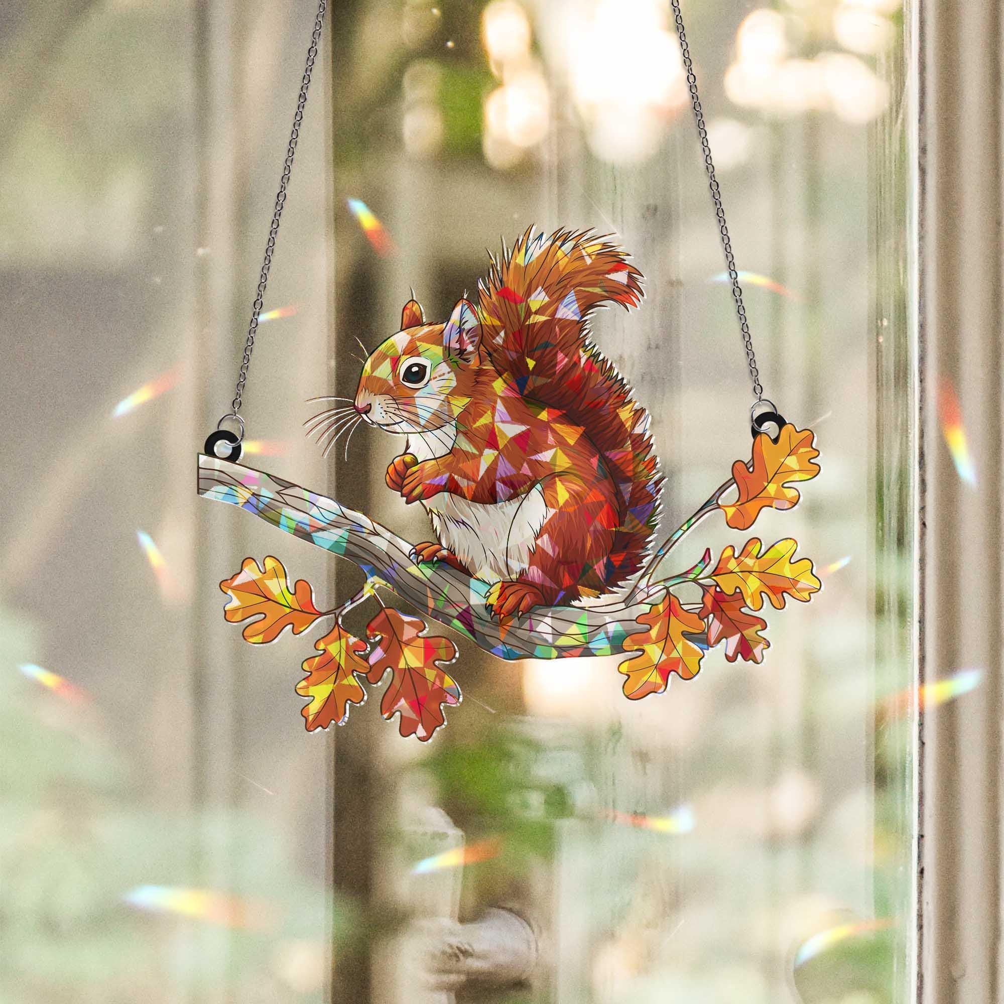 Squirrel Autumn Leaf  Hologram Window Hanging, Autumn Holographic Suncatcher, Woodland Animal Decor, Cute Forest Gift