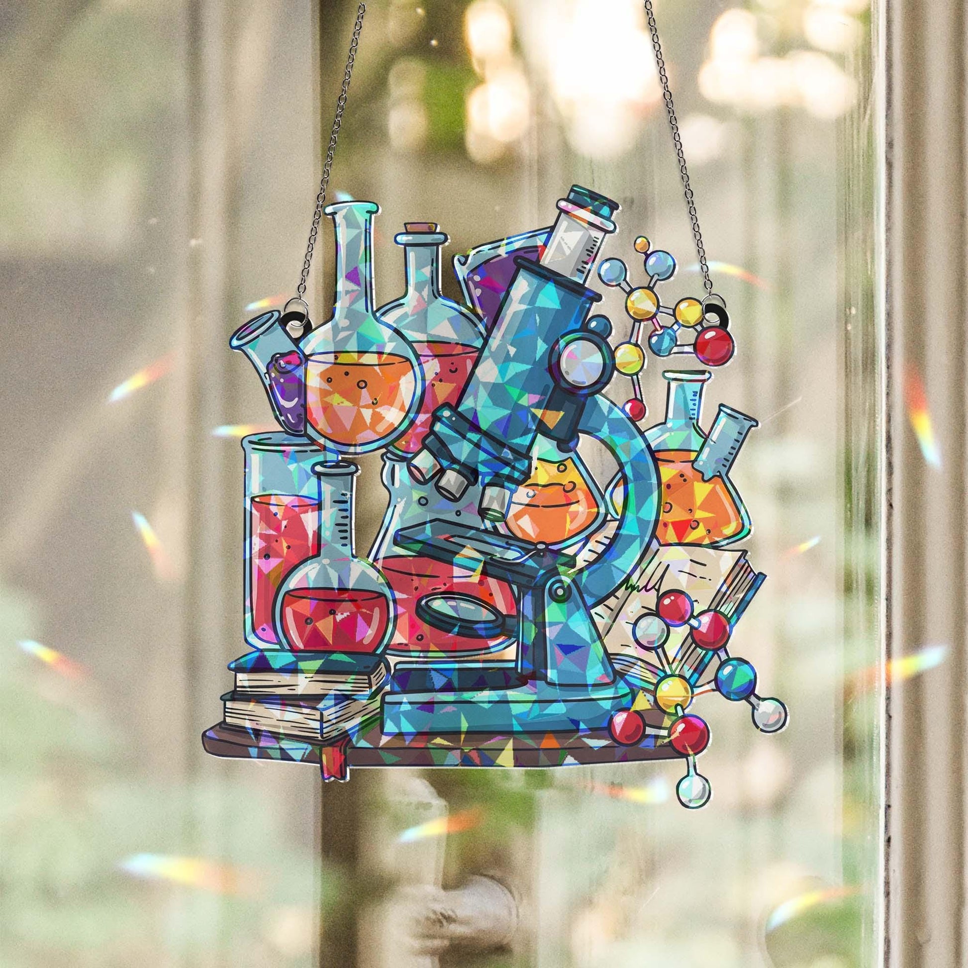 Science Lab Window Hanging, Holographic Suncatcher, Microscope Chemistry Decor, Gift for Scientists & Teachers