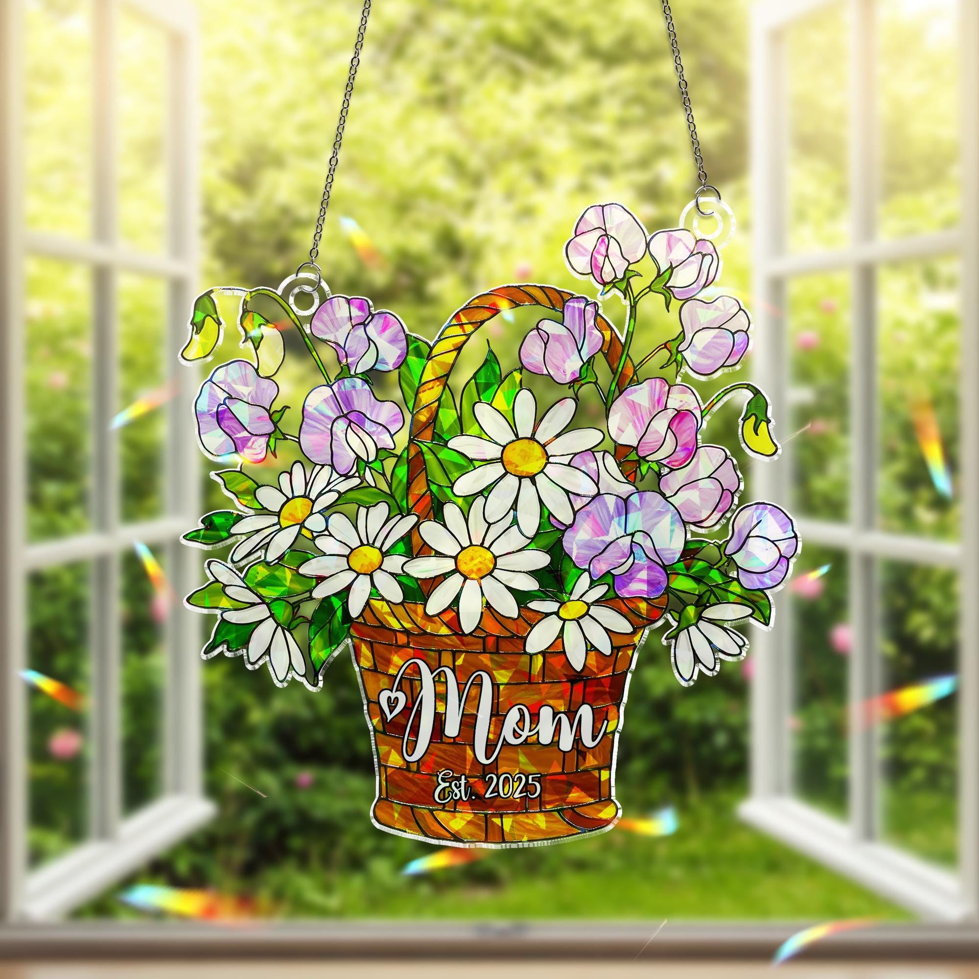 Personalized Daisy Sweet Pea Flower Basket Ornament- Custom Acrylic Window Hanging, Mother's Day Gift, Floral Decor, April Birth Gift
