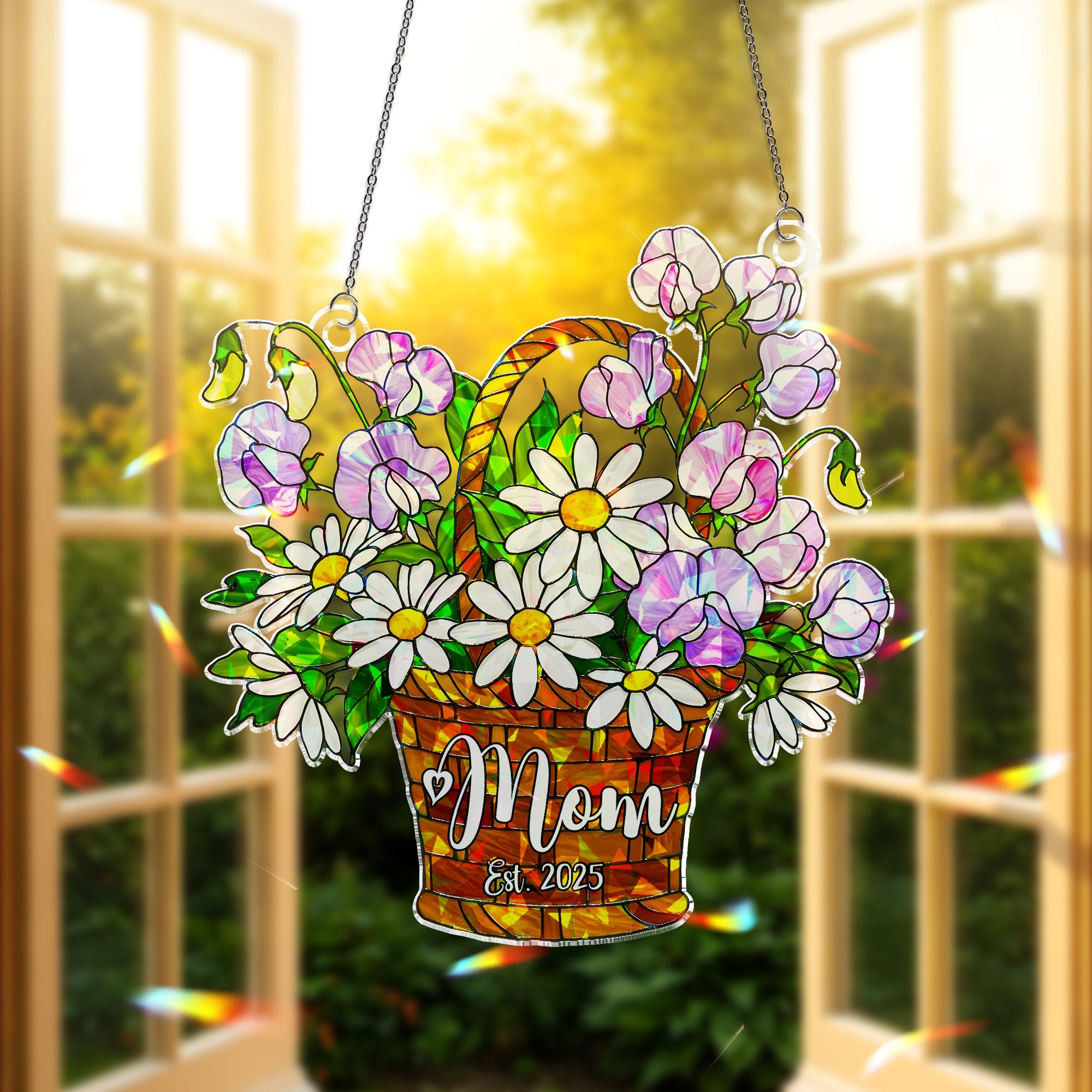 Personalized Daisy Sweet Pea Flower Basket Ornament- Custom Acrylic Window Hanging, Mother's Day Gift, Floral Decor, April Birth Gift