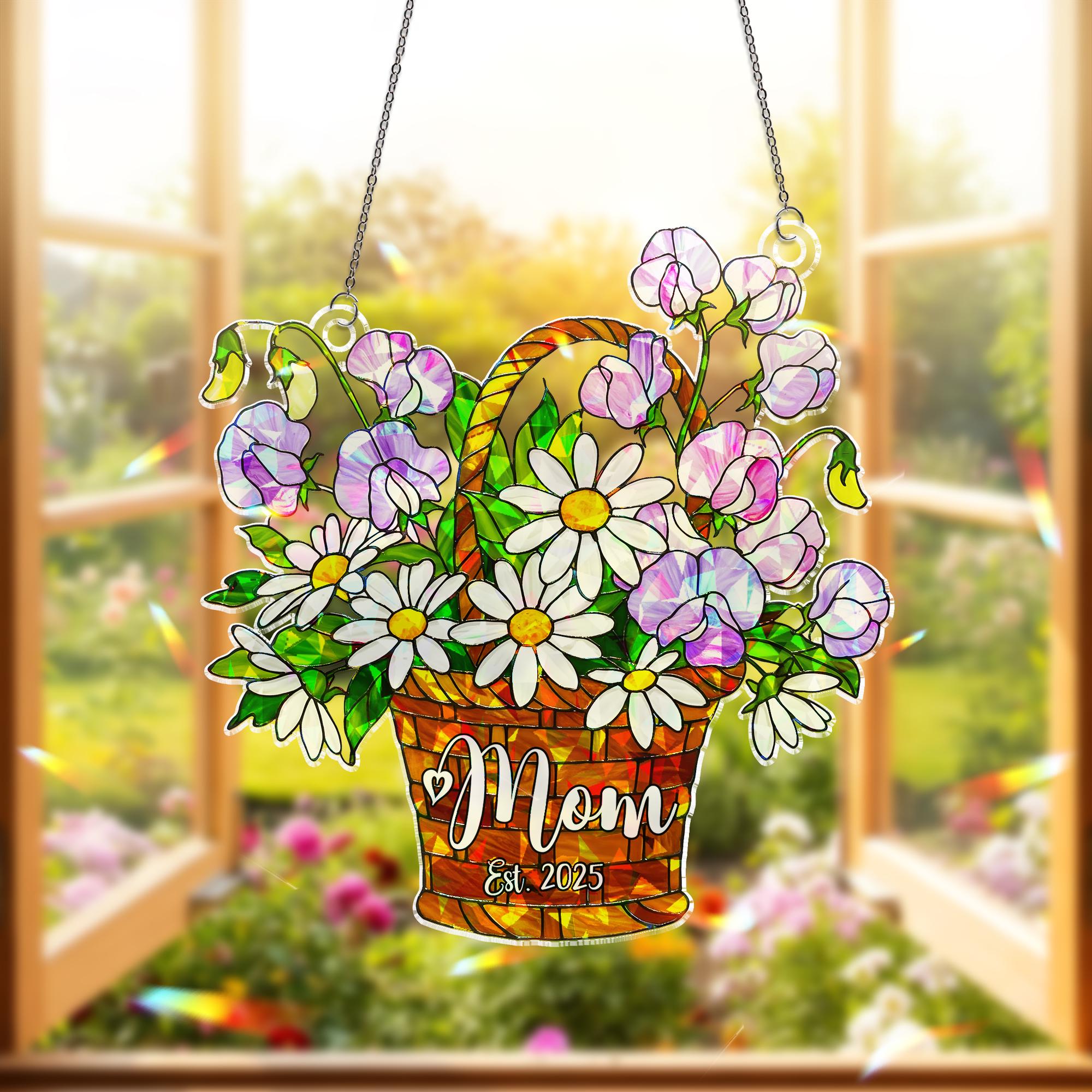 Personalized Daisy Sweet Pea Flower Basket Ornament- Custom Acrylic Window Hanging, Mother's Day Gift, Floral Decor, April Birth Gift