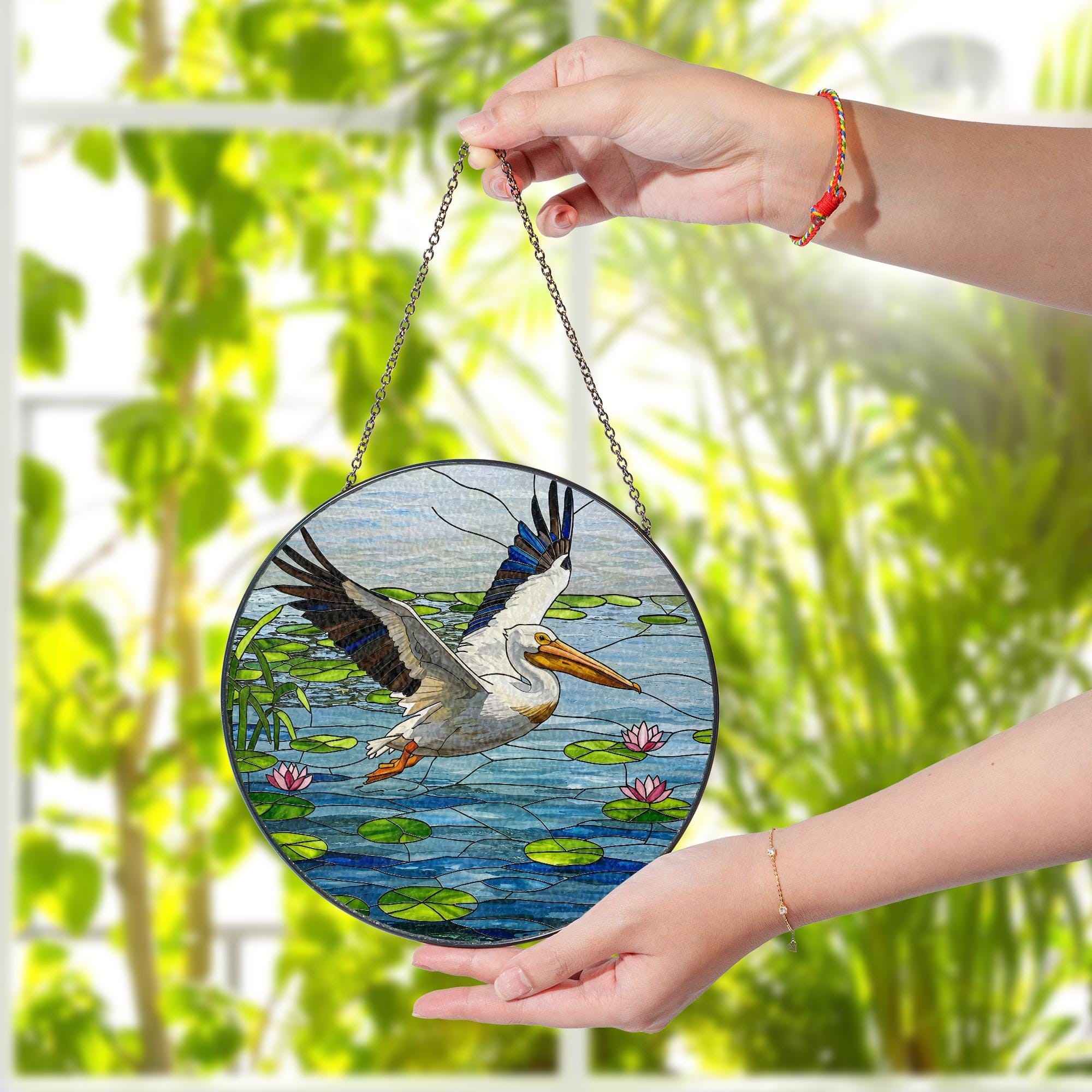 American White Pelican Glass Suncatcher - Faux Stained Glass Water Bird Window Hanging - Lake Wildlife Decor Gift for Bird Lovers