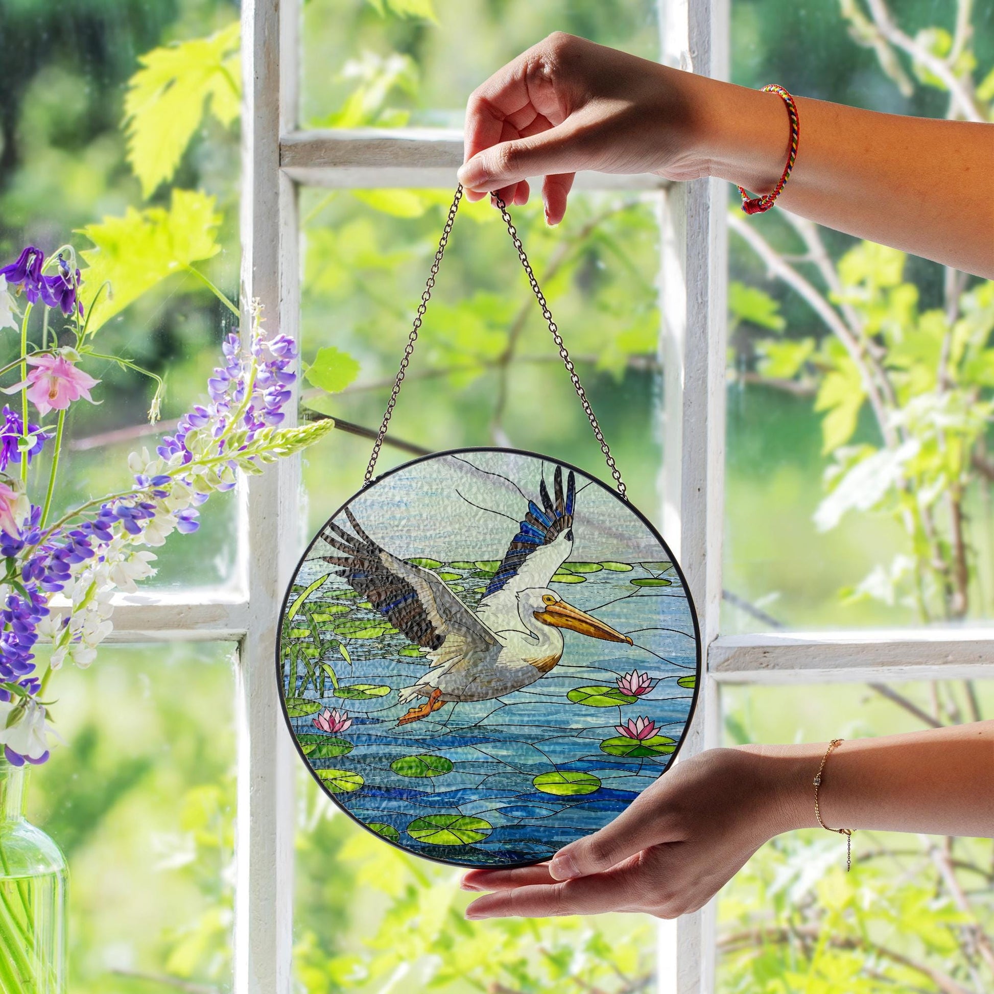American White Pelican Glass Suncatcher - Faux Stained Glass Water Bird Window Hanging - Lake Wildlife Decor Gift for Bird Lovers