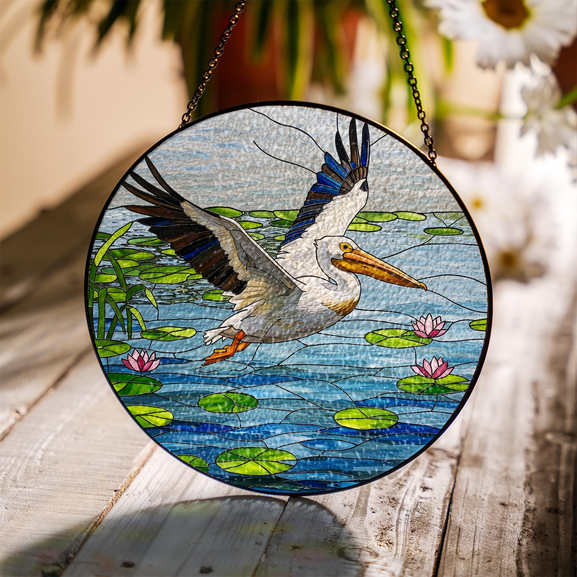 American White Pelican Glass Suncatcher - Faux Stained Glass Water Bird Window Hanging - Lake Wildlife Decor Gift for Bird Lovers