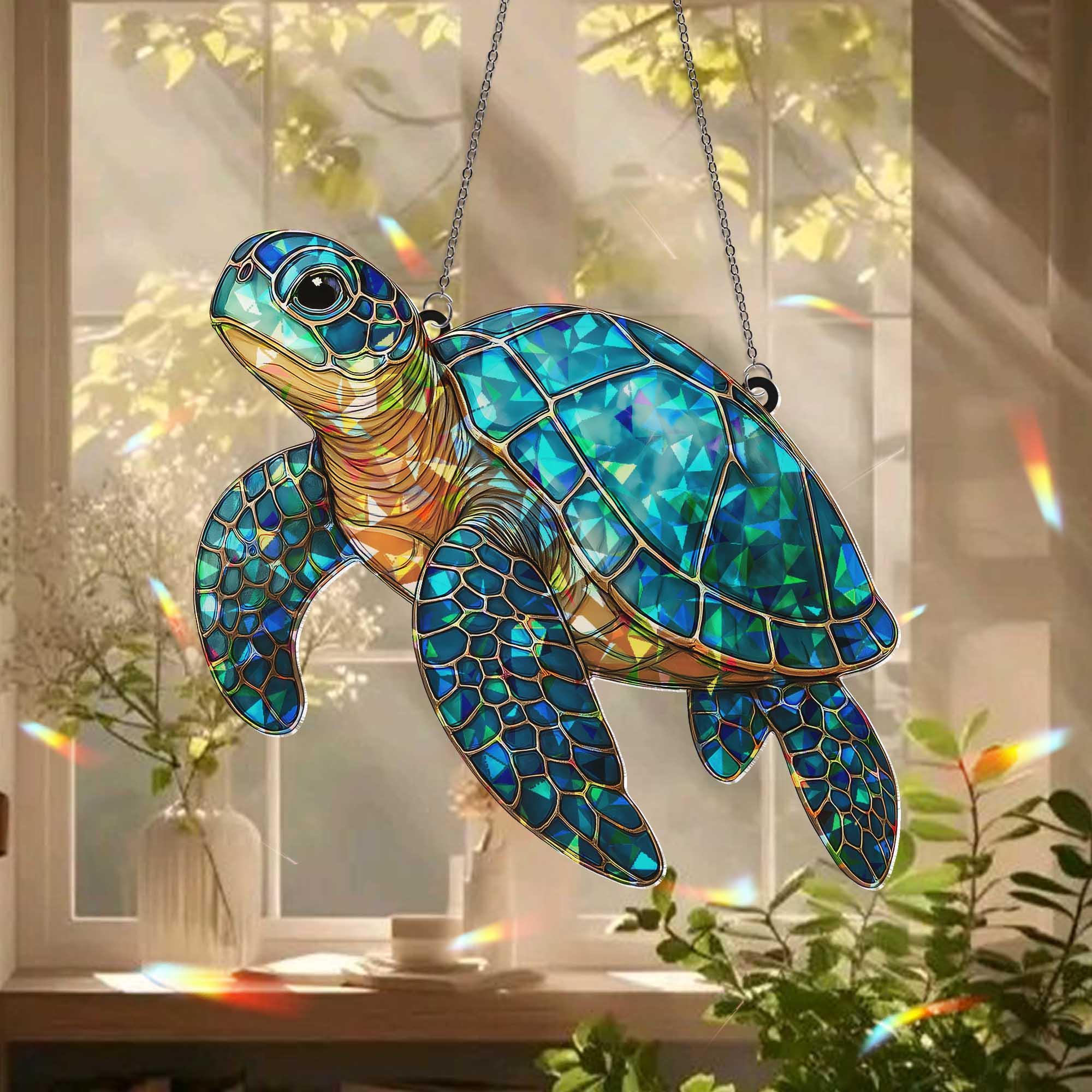 Sea Turtle Window Hanging, Ocean Holographic Suncatcher, Coastal Marine Decor, Beach House Gift