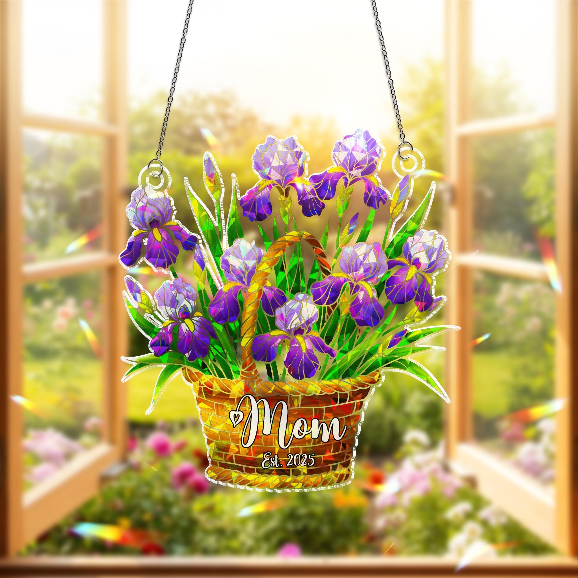 Mom Est 2025 Iris Acrylic Window Hanging, Personalized Floral Mothers Day Gift, New Mom Keepsake Ornament, Flower Lover Gift, Gift For Mom
