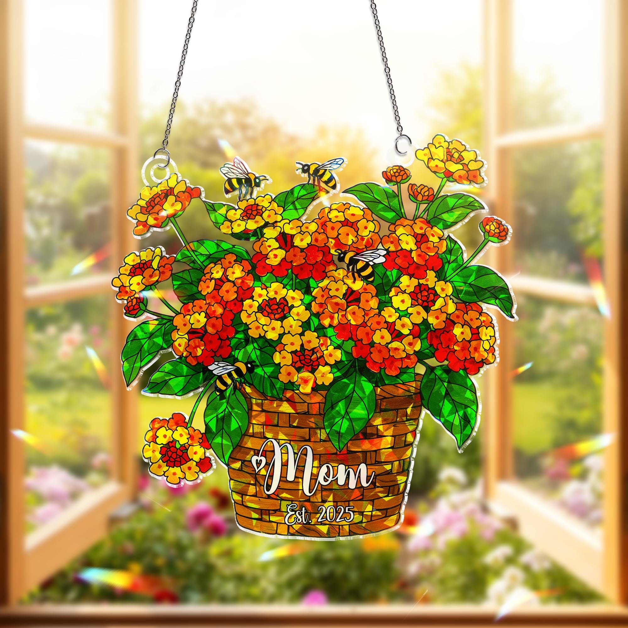 Mom Est. 2025 Lantana Flower Basket & Bee Acrylic Window Hanging Ornament, Personalized New Mom Gift, Mothers Day Garden Decor, Gift For Mom