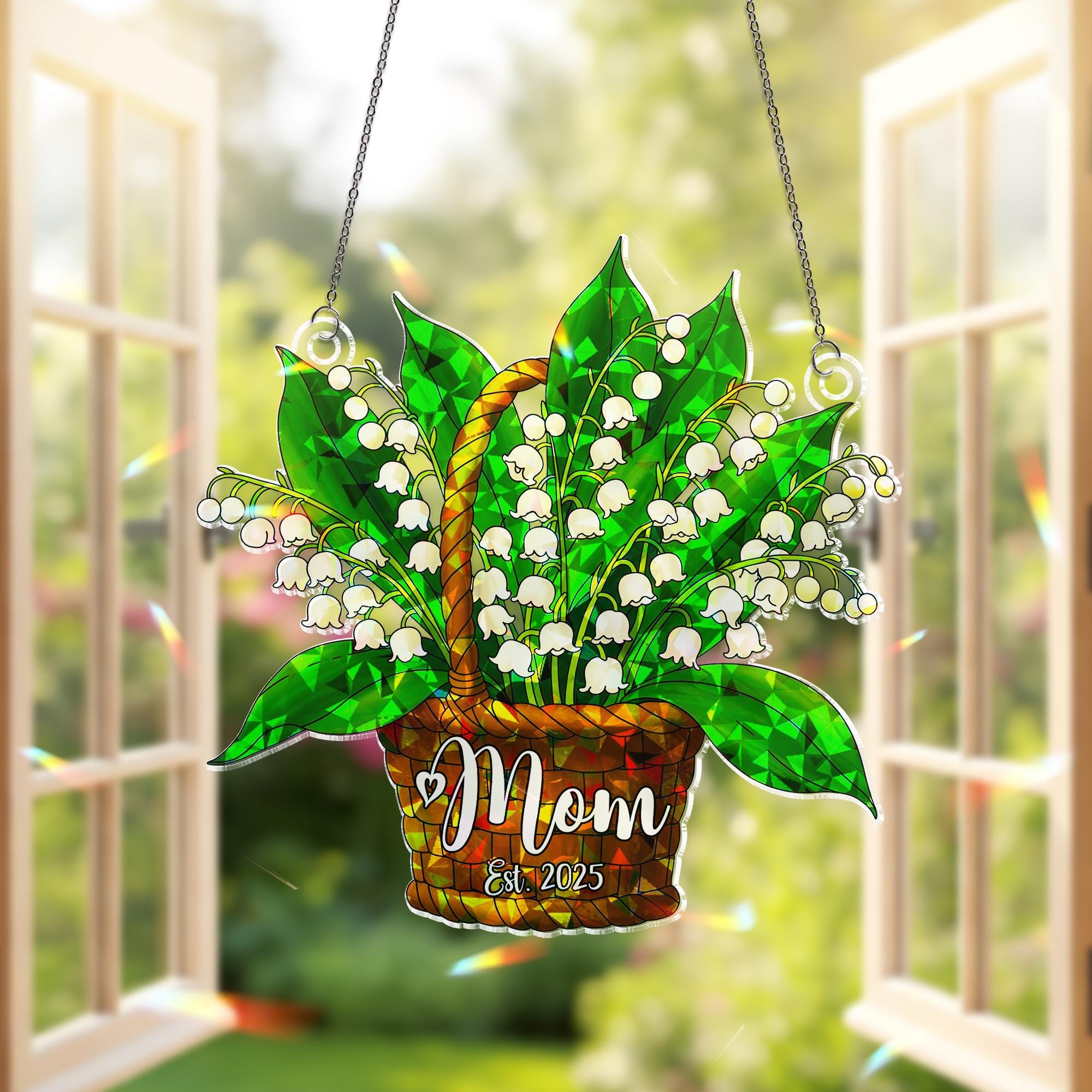Personalized Mom Lily of the Valley Est. 2025 Acrylic Window Hanging Ornament, Floral Mothers Day Gift, Gift For Mom, May Birth Gift
