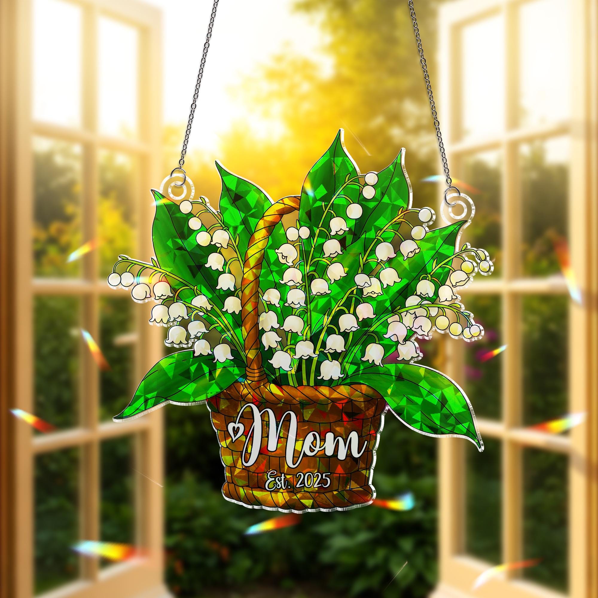 Personalized Mom Lily of the Valley Est. 2025 Acrylic Window Hanging Ornament, Floral Mothers Day Gift, Gift For Mom, May Birth Gift