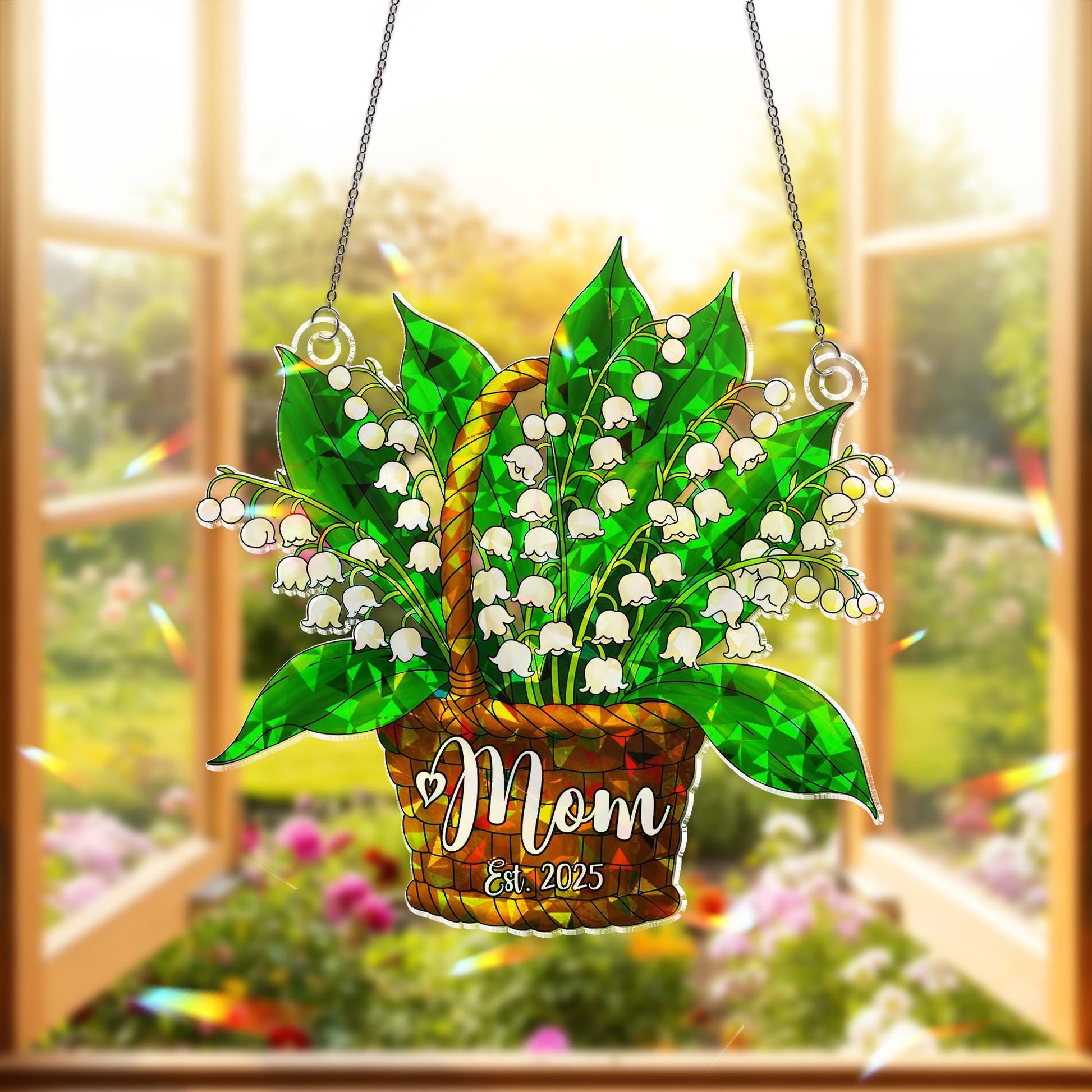 Personalized Mom Lily of the Valley Est. 2025 Acrylic Window Hanging Ornament, Floral Mothers Day Gift, Gift For Mom, May Birth Gift