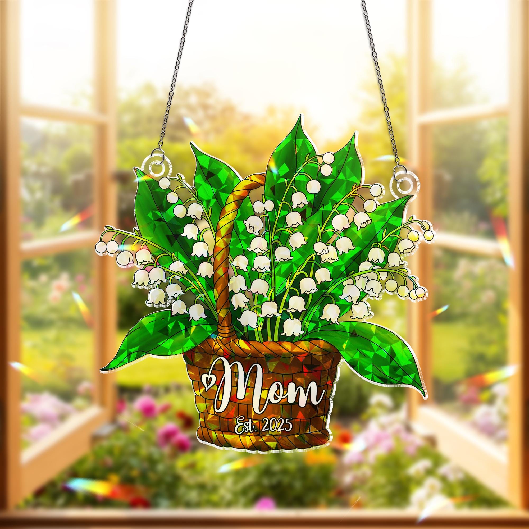 Personalized Mom Lily of the Valley Est. 2025 Acrylic Window Hanging Ornament, Floral Mothers Day Gift, Gift For Mom, May Birth Gift