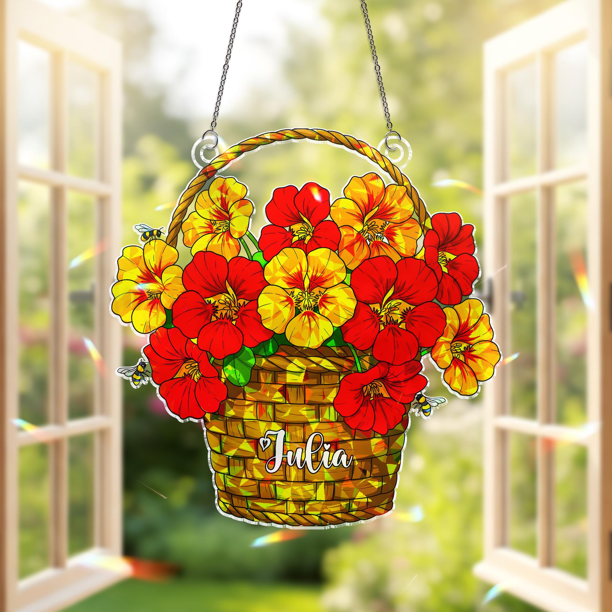 Personalized Nasturtium Flower Basket Honey Bee Hologram Acrylic Window Hanging, Custom Name Floral Decor, Bee Lover Gift Idea, Flower Mom