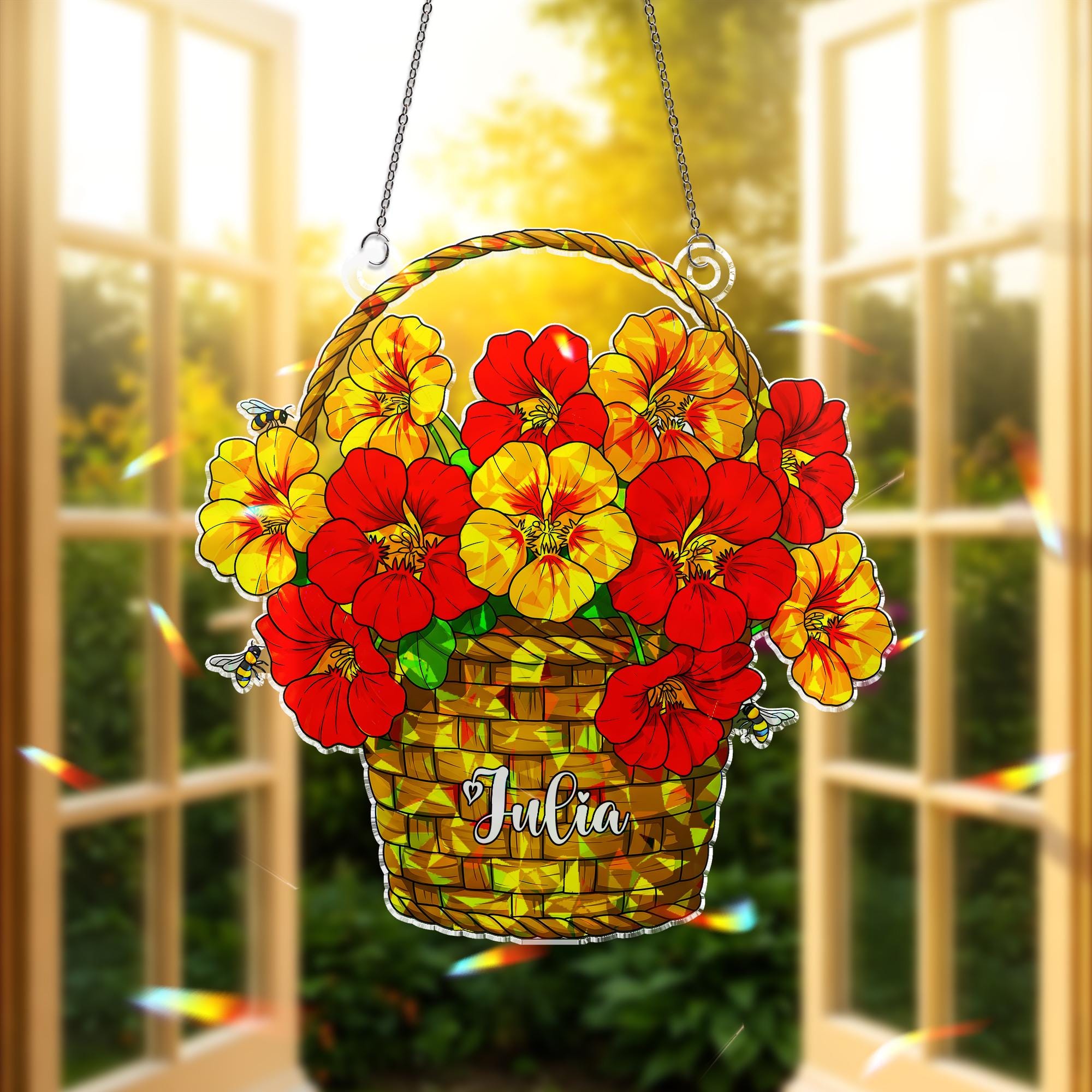 Personalized Nasturtium Flower Basket Honey Bee Hologram Acrylic Window Hanging, Custom Name Floral Decor, Bee Lover Gift Idea, Flower Mom