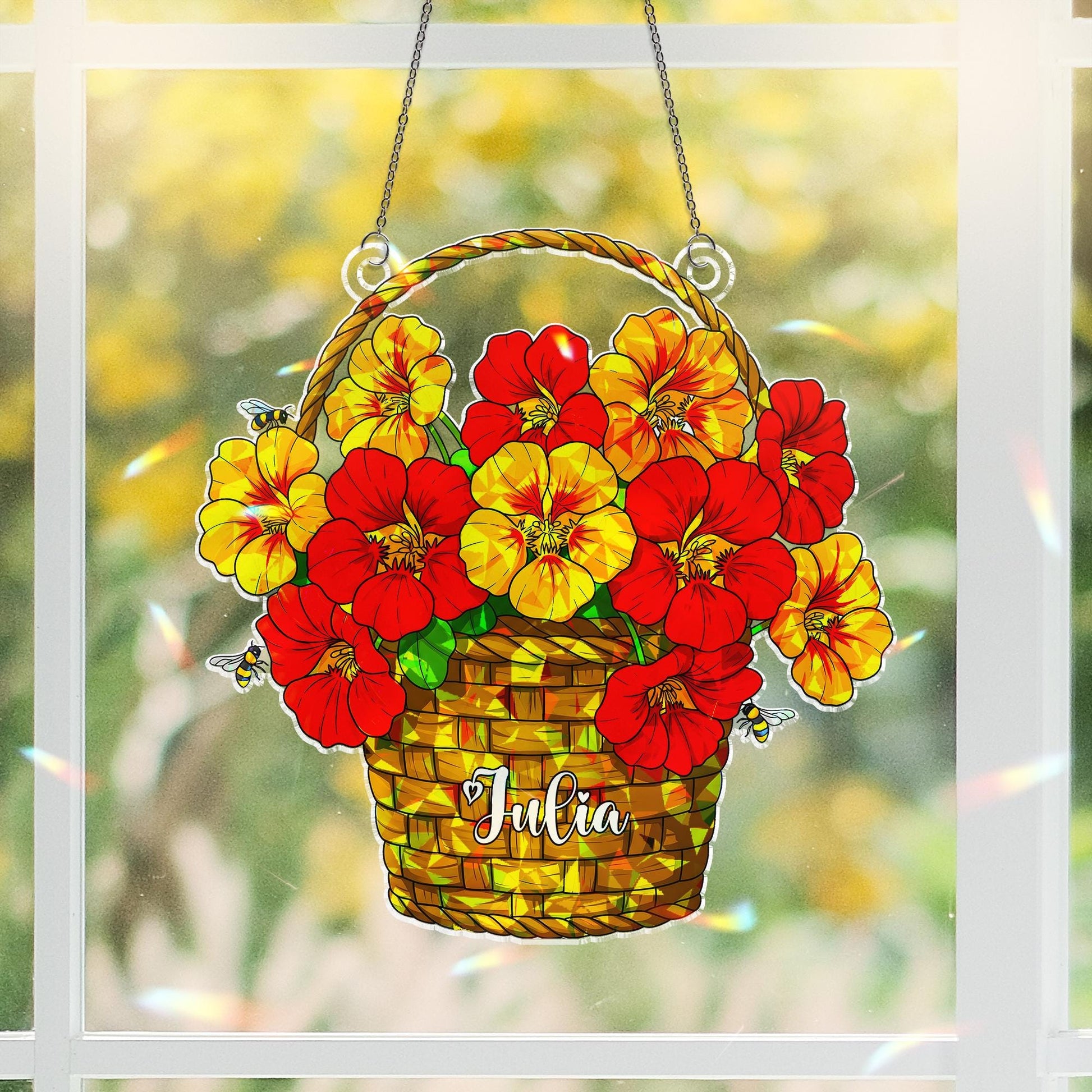 Personalized Nasturtium Flower Basket Honey Bee Hologram Acrylic Window Hanging, Custom Name Floral Decor, Bee Lover Gift Idea, Flower Mom