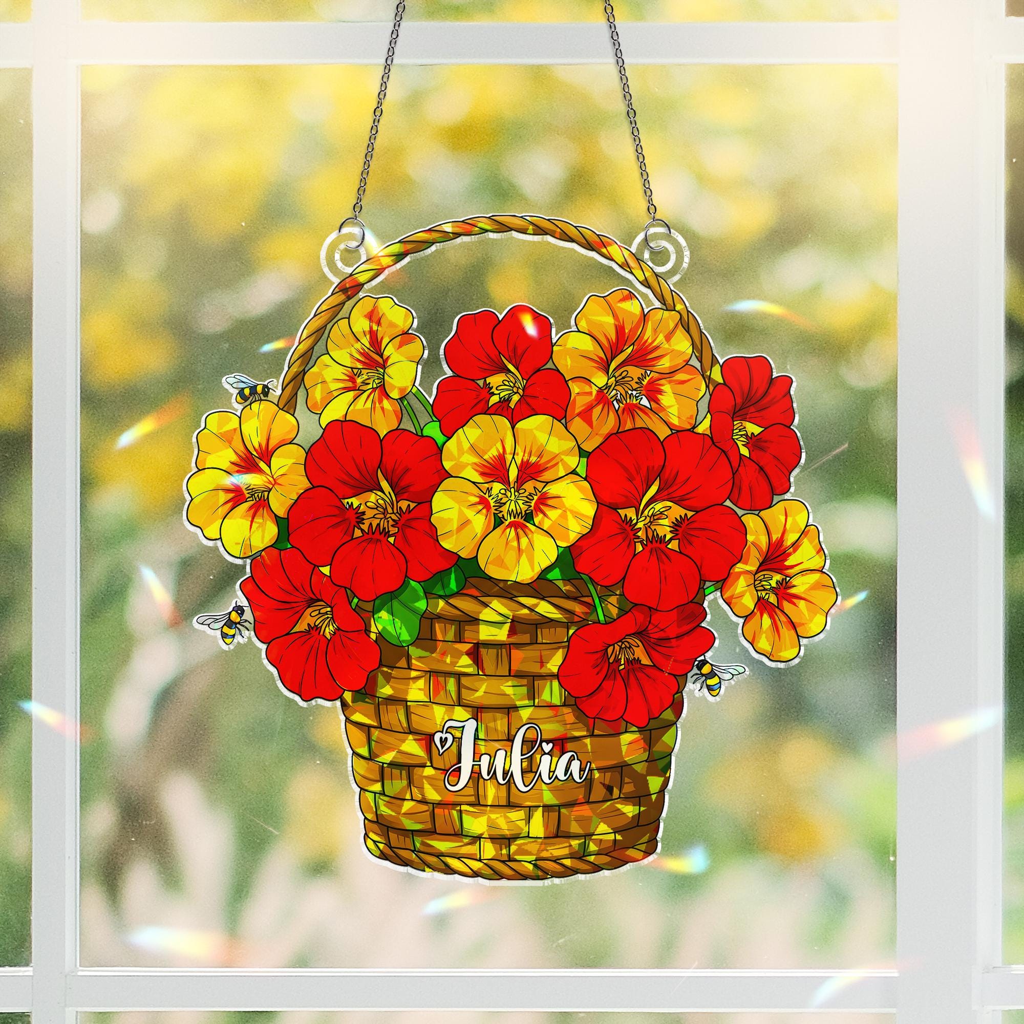 Personalized Nasturtium Flower Basket Honey Bee Hologram Acrylic Window Hanging, Custom Name Floral Decor, Bee Lover Gift Idea, Flower Mom