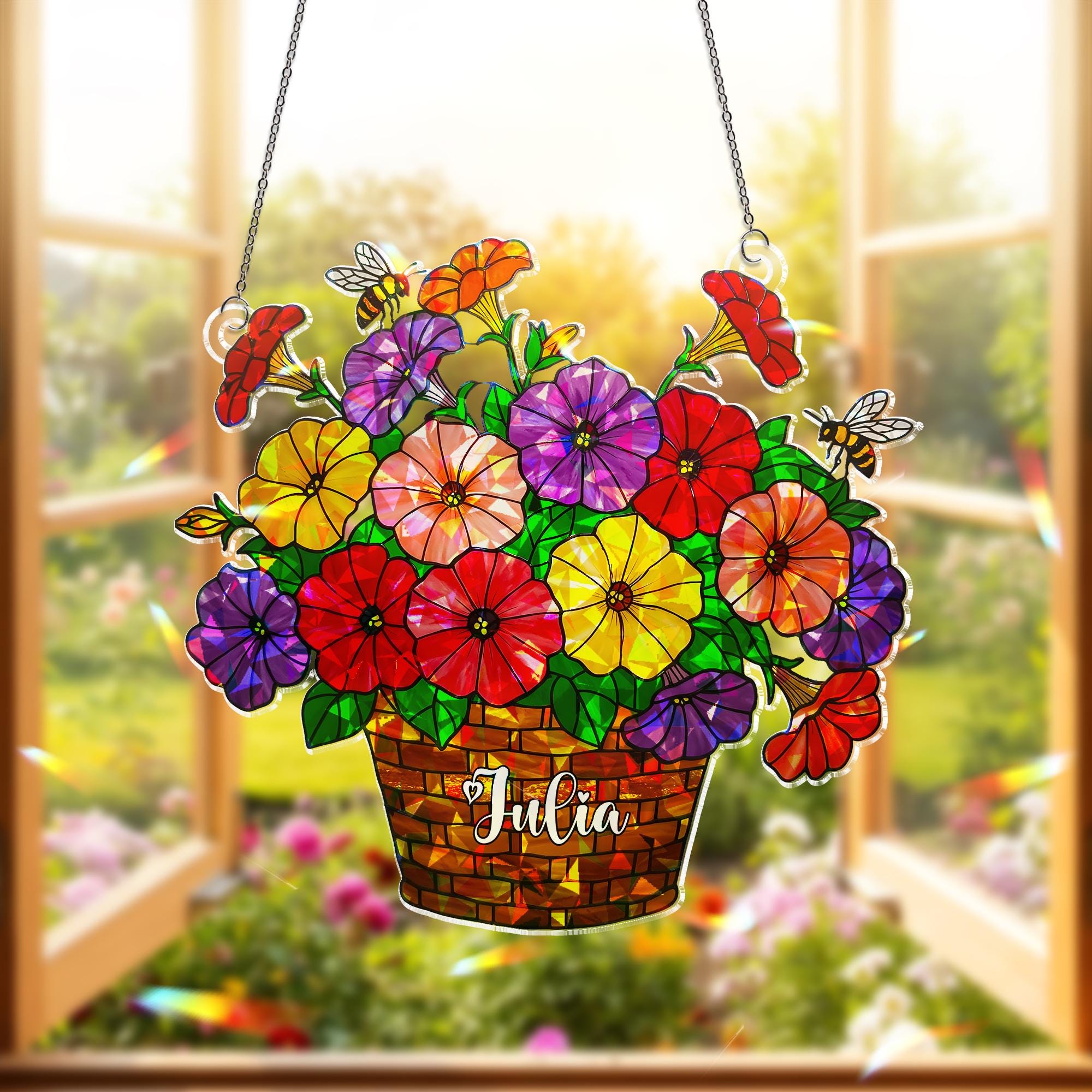 Personalized Petunia Floral Basket Hologram Acrylic Window Hanging, Custom Name Ornament, Honey Bee Garden Flower Ornament Home Decor Gift