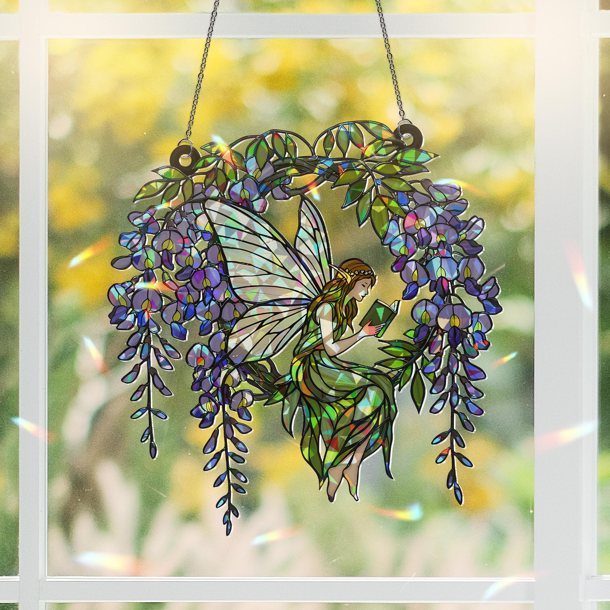 Fairy Reading Hologram Acrylic Window Hanging, Holographic Decor, Wisteria Fairy Decor, Boho Fairy Suncatcher, Cottagecore Gift