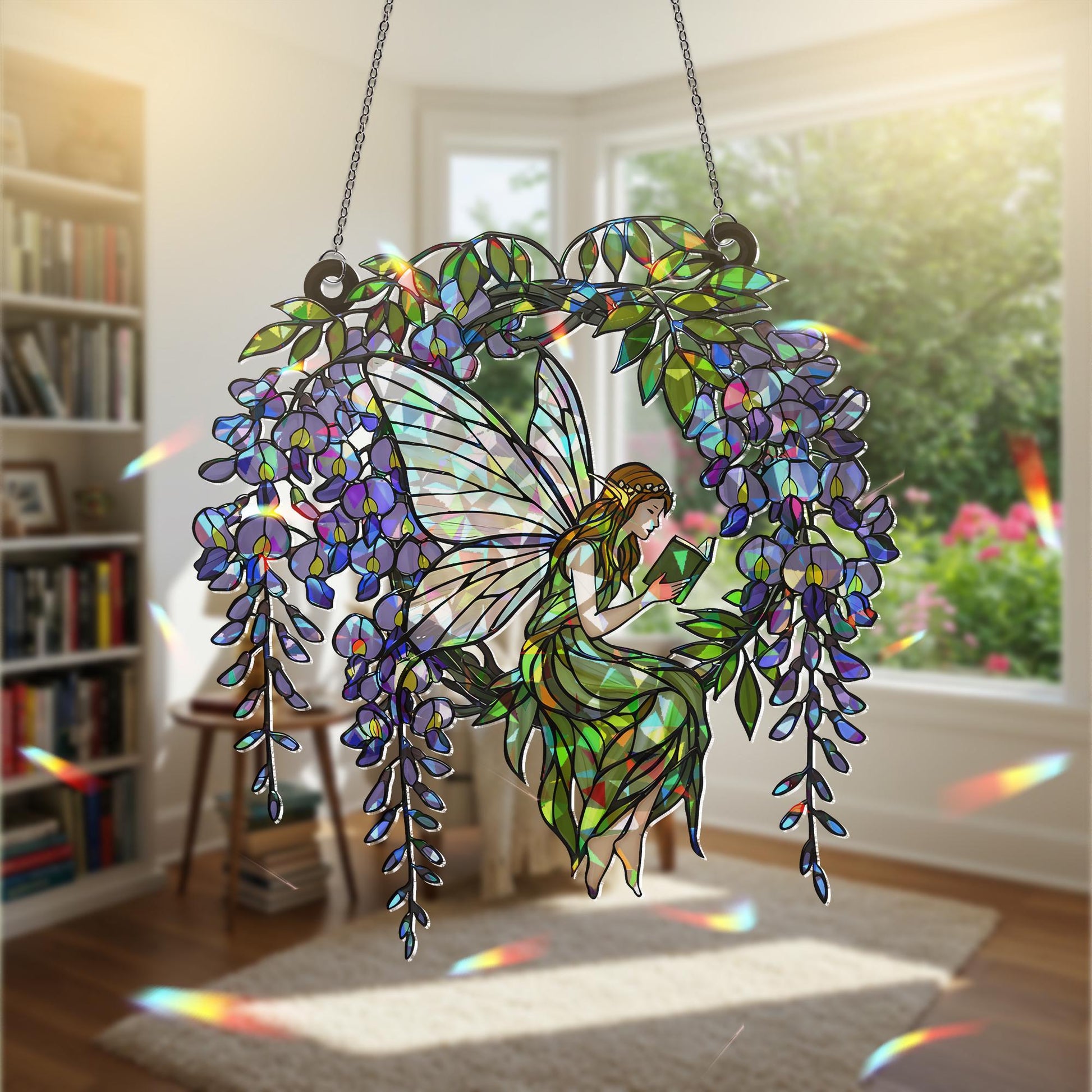 Fairy Reading Hologram Acrylic Window Hanging, Holographic Decor, Wisteria Fairy Decor, Boho Fairy Suncatcher, Cottagecore Gift