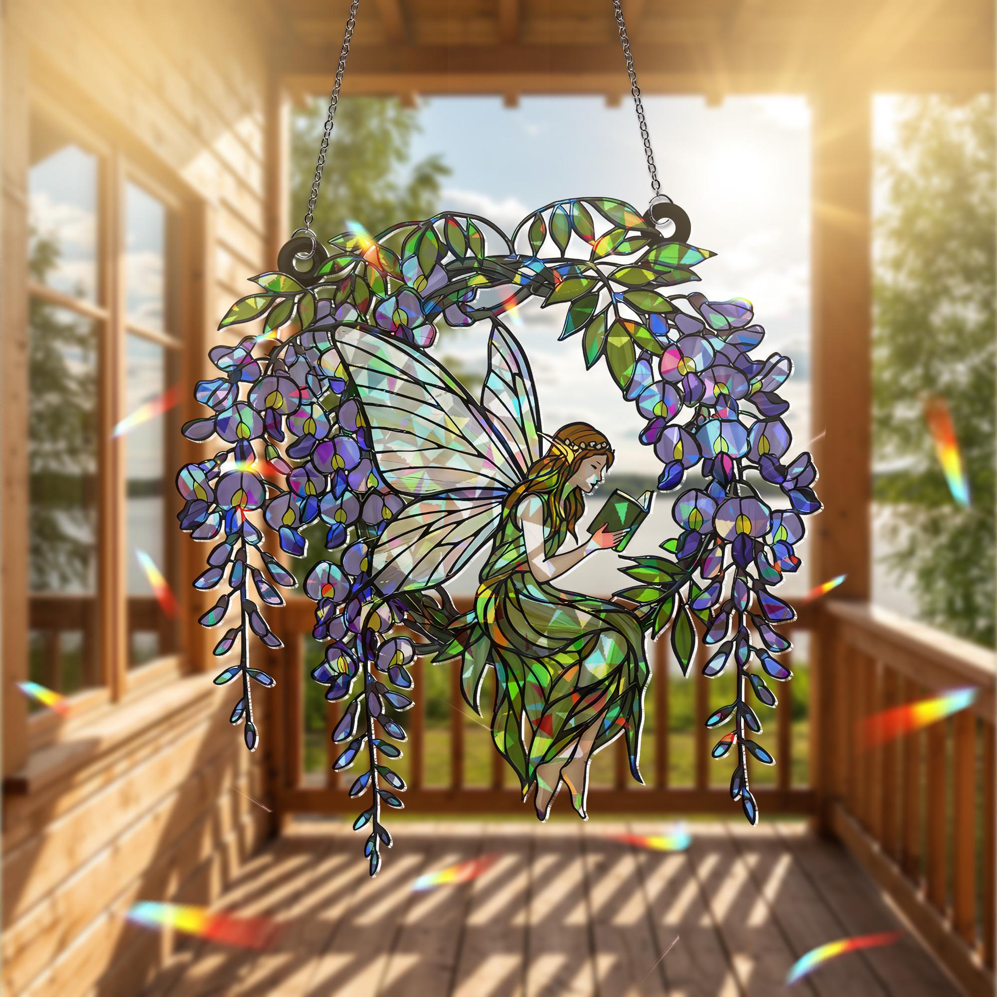 Fairy Reading Hologram Acrylic Window Hanging, Holographic Decor, Wisteria Fairy Decor, Boho Fairy Suncatcher, Cottagecore Gift