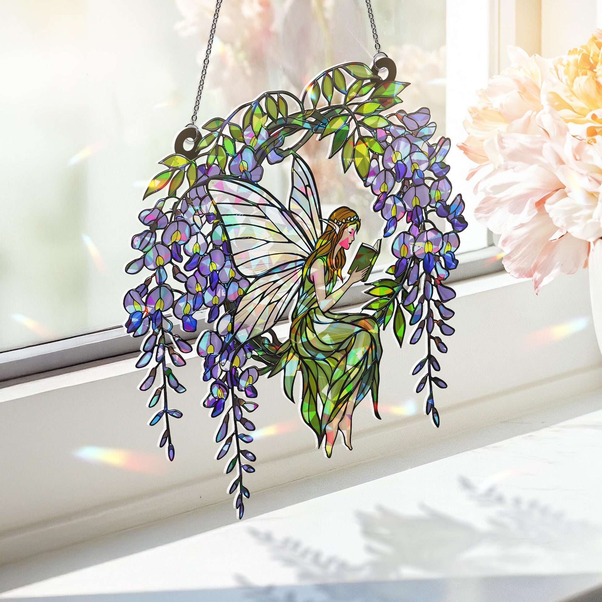 Fairy Reading Hologram Acrylic Window Hanging, Holographic Decor, Wisteria Fairy Decor, Boho Fairy Suncatcher, Cottagecore Gift