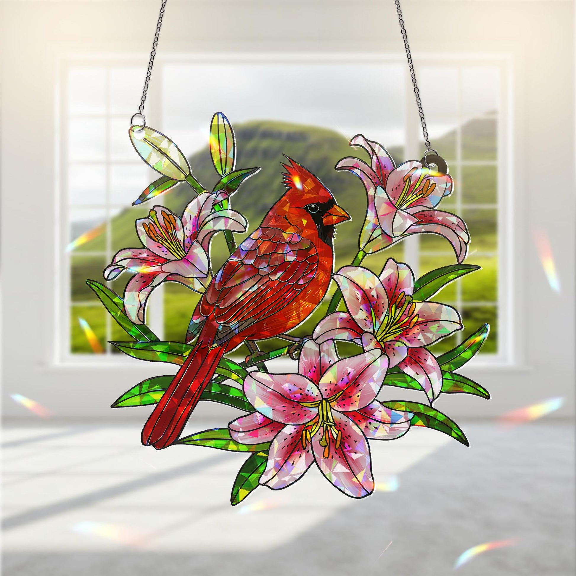 Cardinal and Lily Window Hanging, Holographic Acrylic Suncatcher, Red Bird Floral Decor, Stargazer Memorial Gift,Bird Lover Gift,Floral Bird