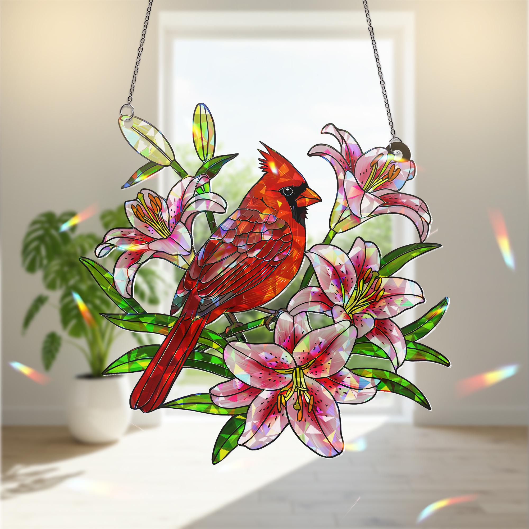 Cardinal and Lily Window Hanging, Holographic Acrylic Suncatcher, Red Bird Floral Decor, Stargazer Memorial Gift,Bird Lover Gift,Floral Bird