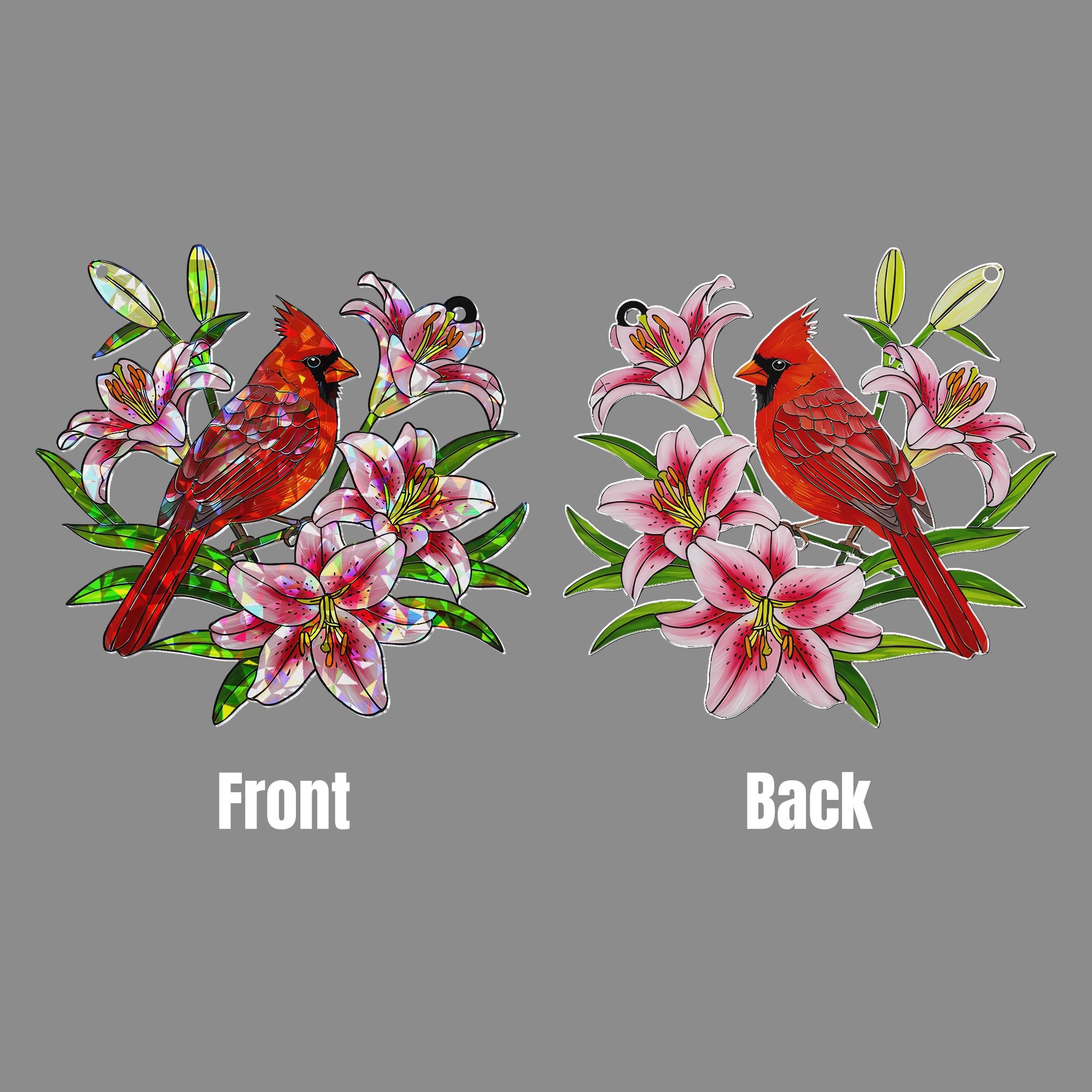Cardinal and Lily Window Hanging, Holographic Acrylic Suncatcher, Red Bird Floral Decor, Stargazer Memorial Gift,Bird Lover Gift,Floral Bird
