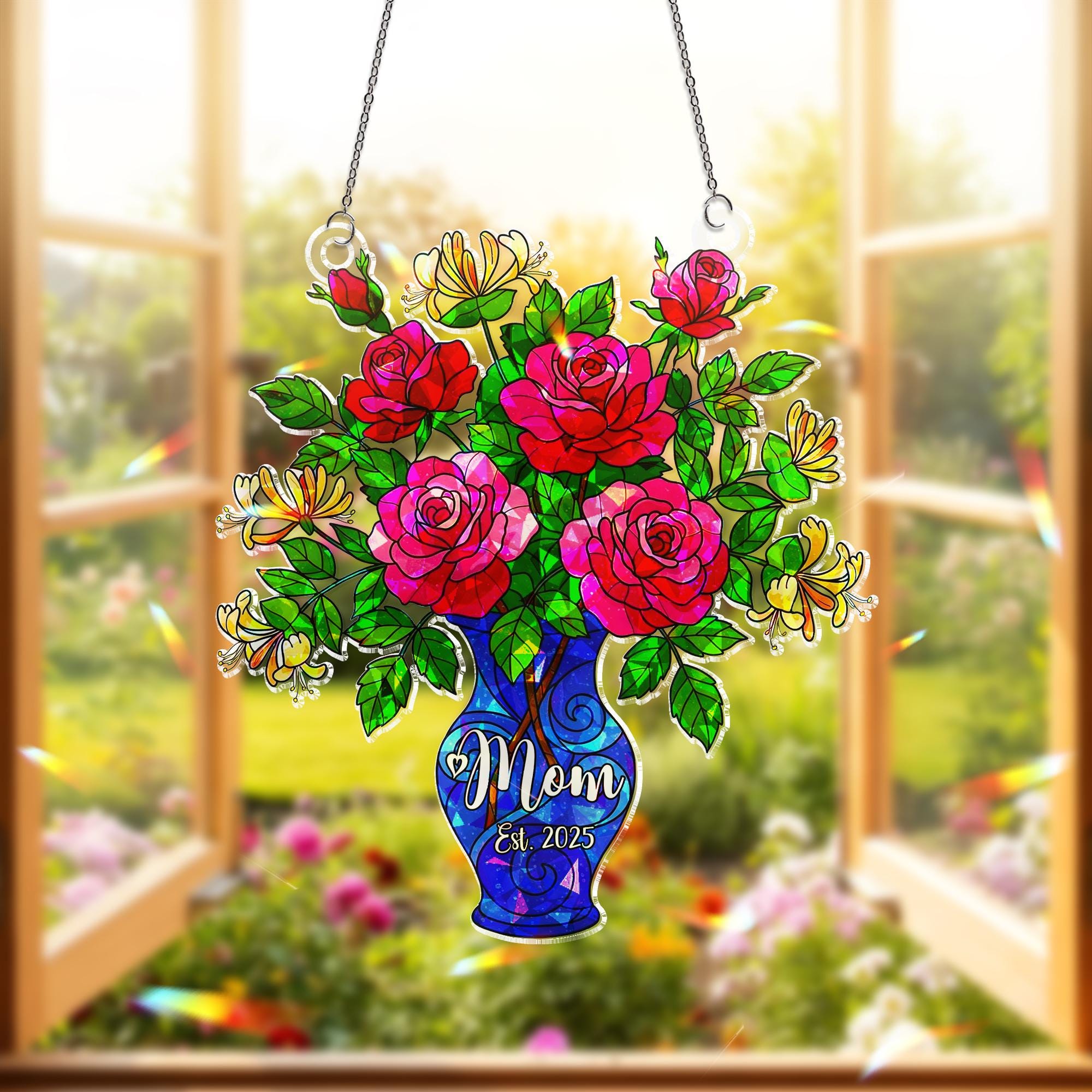 Personalized Mom Est. 2025 Rose and Honeysuckle Hologram Acrylic Window Hanging, Mothers Day Gift, New Mom Keepsake Ornament, June Birth