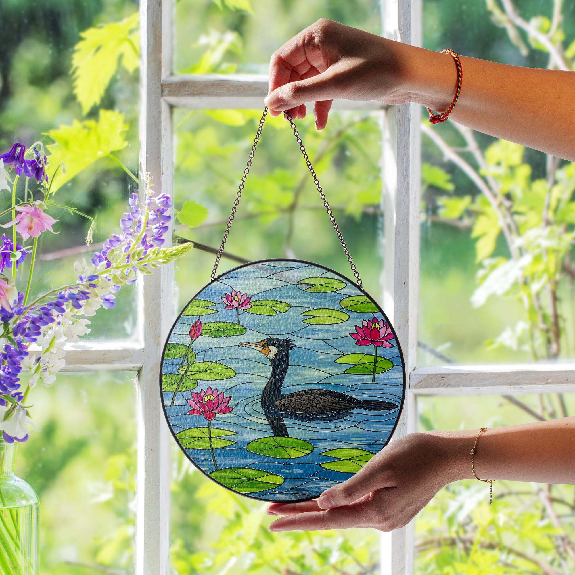 Double-crested Cormorant  Glass Suncatcher with Lotus Flowers - Glass Water Bird Window Decor - Peaceful Pond Wildlife Gift