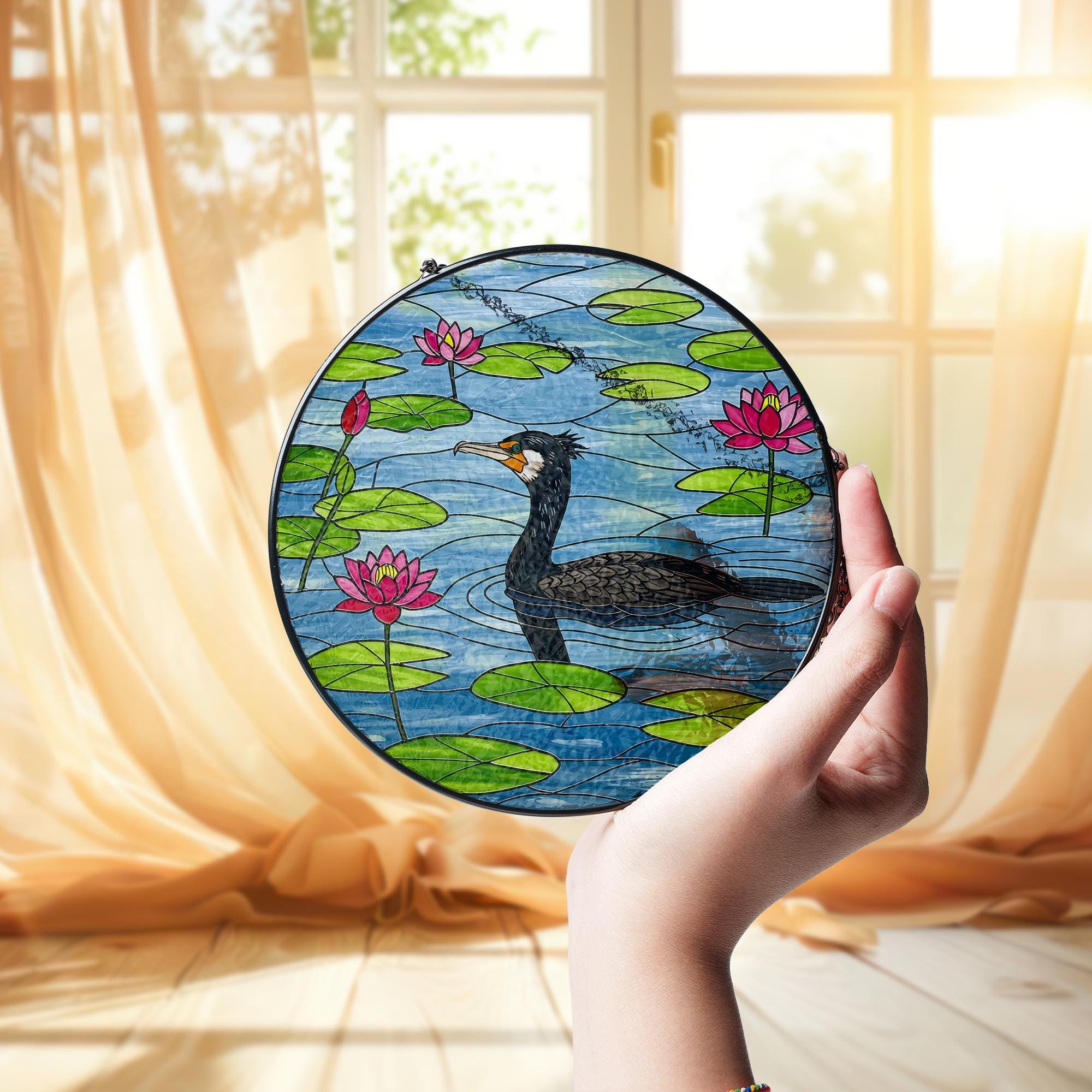 Double-crested Cormorant  Glass Suncatcher with Lotus Flowers - Glass Water Bird Window Decor - Peaceful Pond Wildlife Gift
