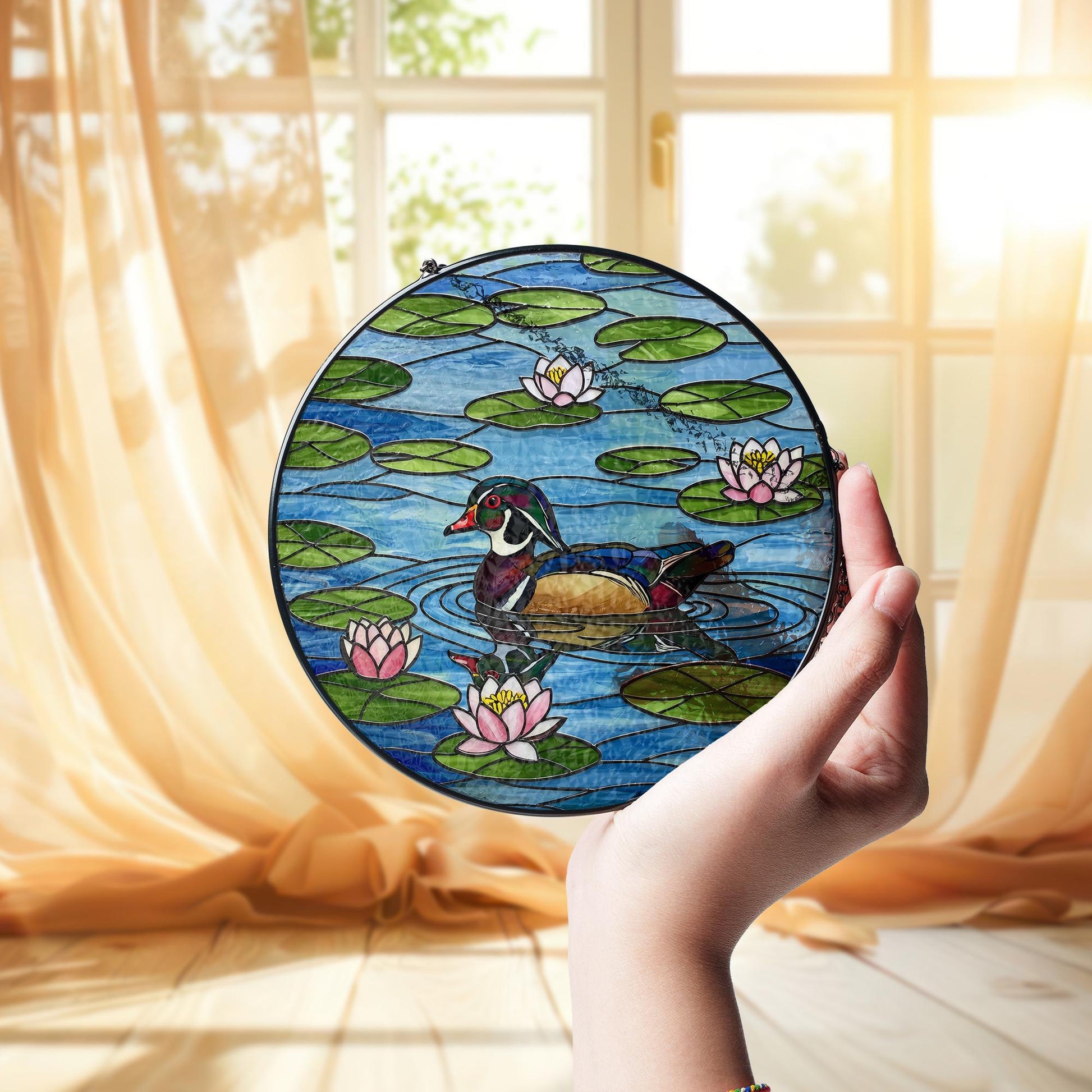 Double-crested Cormorant  Glass Suncatcher with Lotus Flowers - Glass Water Bird Window Decor - Peaceful Pond Wildlife Gift