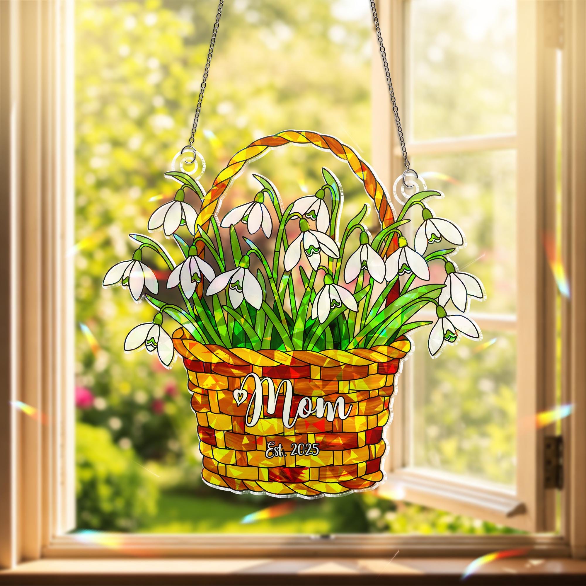 Personalized Mom Gift Snowdrop Basket Acrylic Window Hanging Ornament, January Birth Flower Ornament, Mother's Day 2025 Decor, Custom Gift
