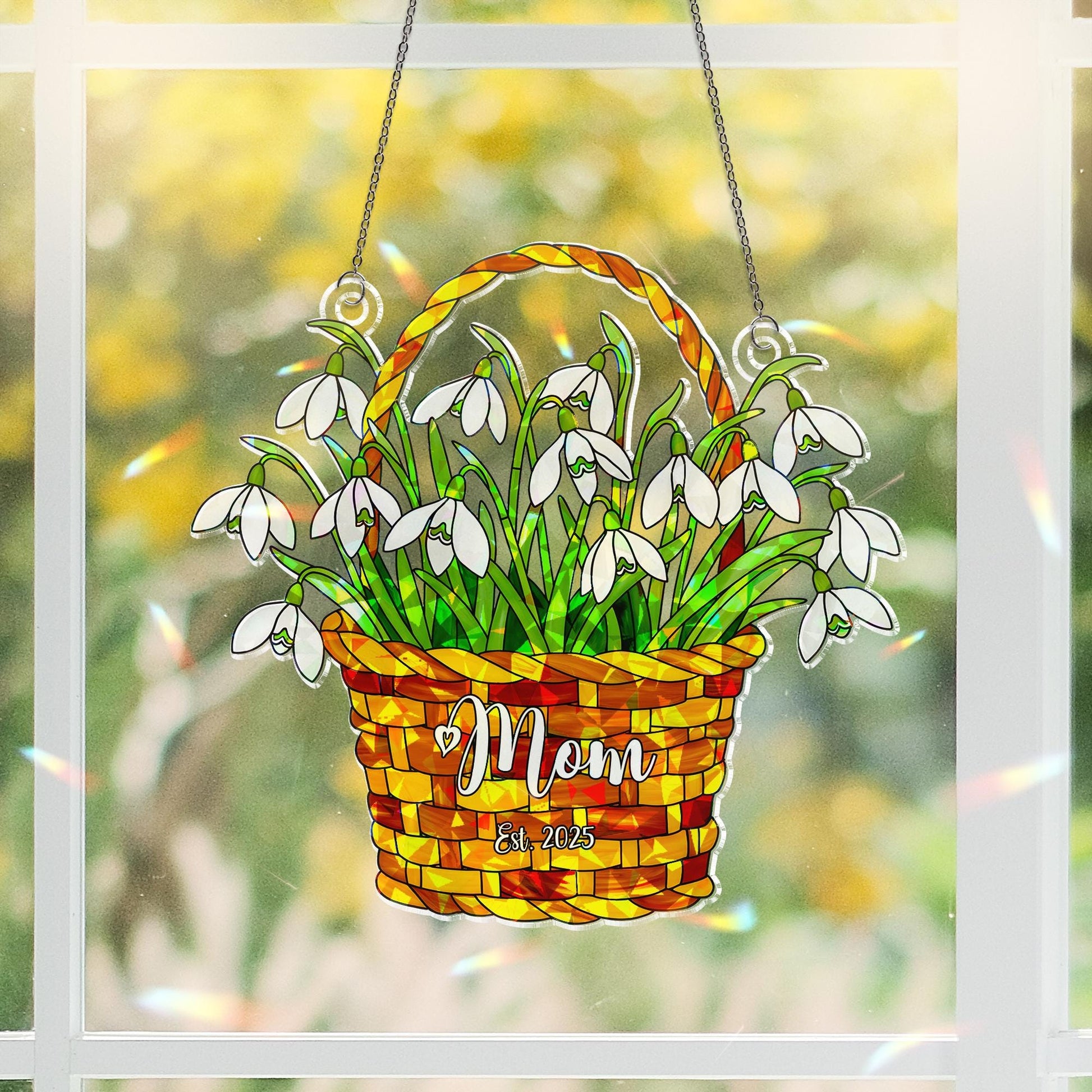 Personalized Mom Gift Snowdrop Basket Acrylic Window Hanging Ornament, January Birth Flower Ornament, Mother's Day 2025 Decor, Custom Gift