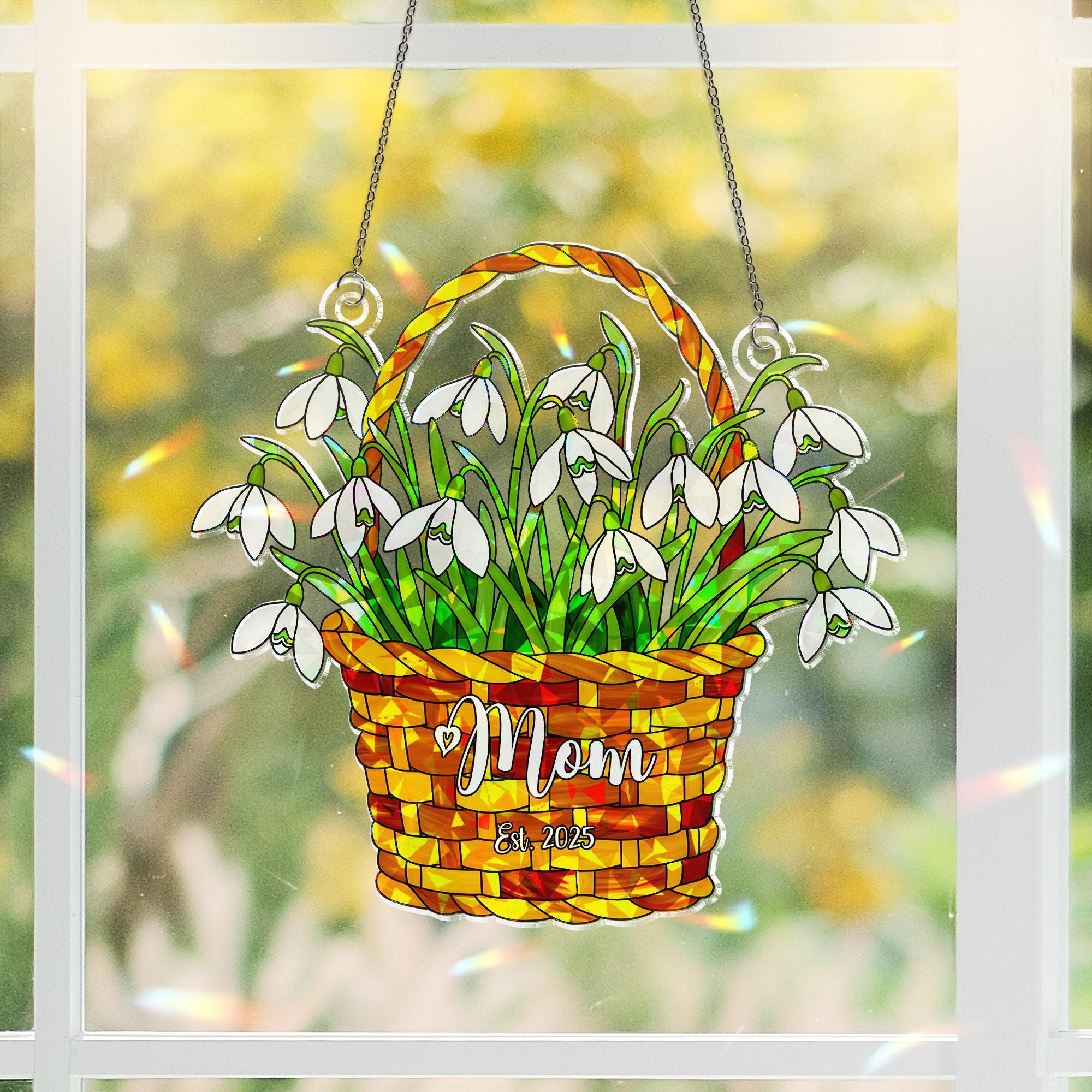 Personalized Mom Gift Snowdrop Basket Acrylic Window Hanging Ornament, January Birth Flower Ornament, Mother's Day 2025 Decor, Custom Gift